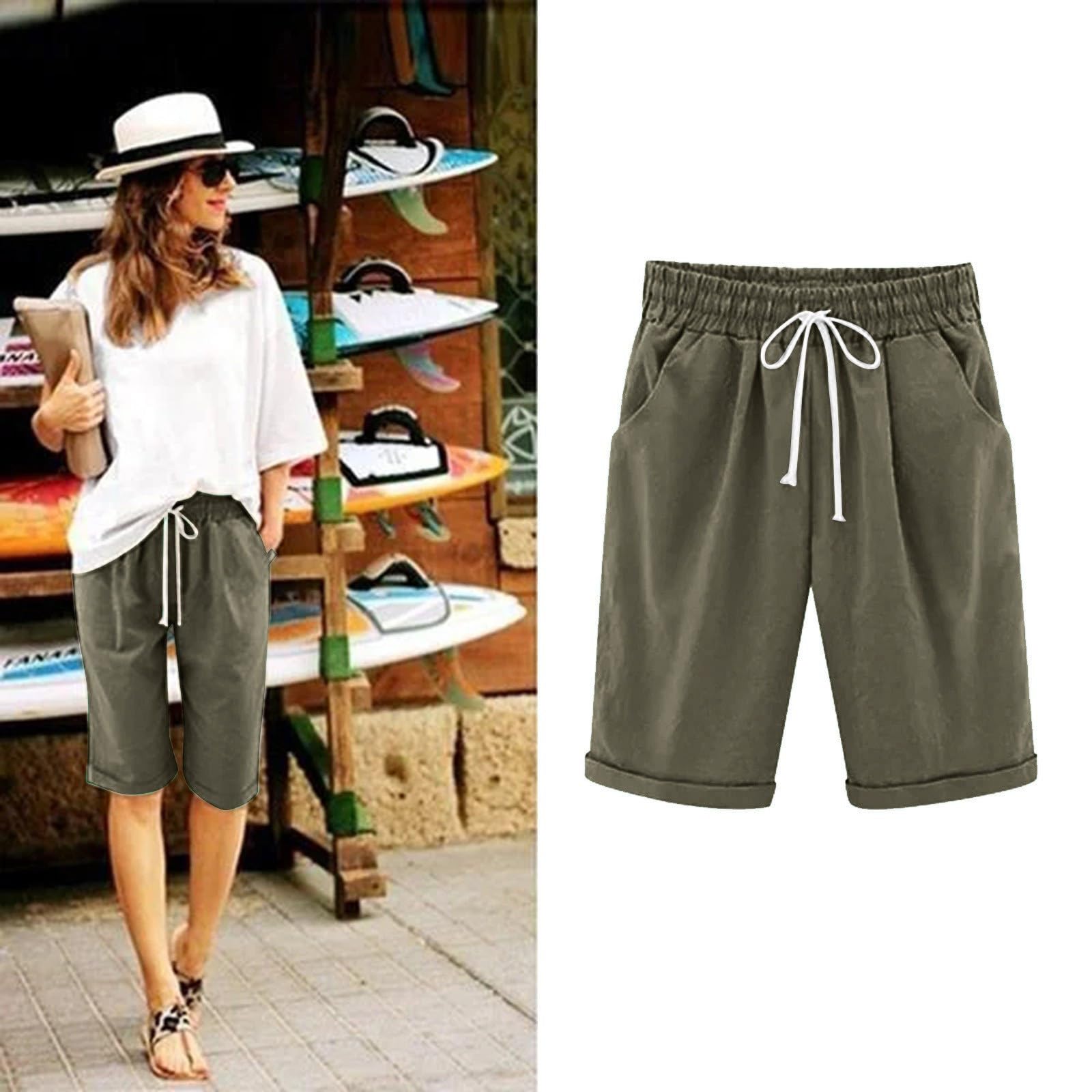 2024 Women's Bermuda Shorts - Cotton Elastic Waist for Casual Wear