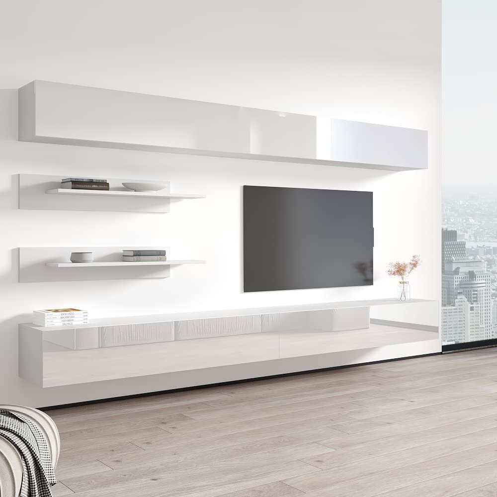Modern White Wall-Mounted TV Stand with Storage Shelves & LED Lights - Floating Entertainment Center Console for Bedroom & Living Room - Perfect for Small Spaces & Home Theater Setup - Meble Furniture Fly I1 30TV Stand