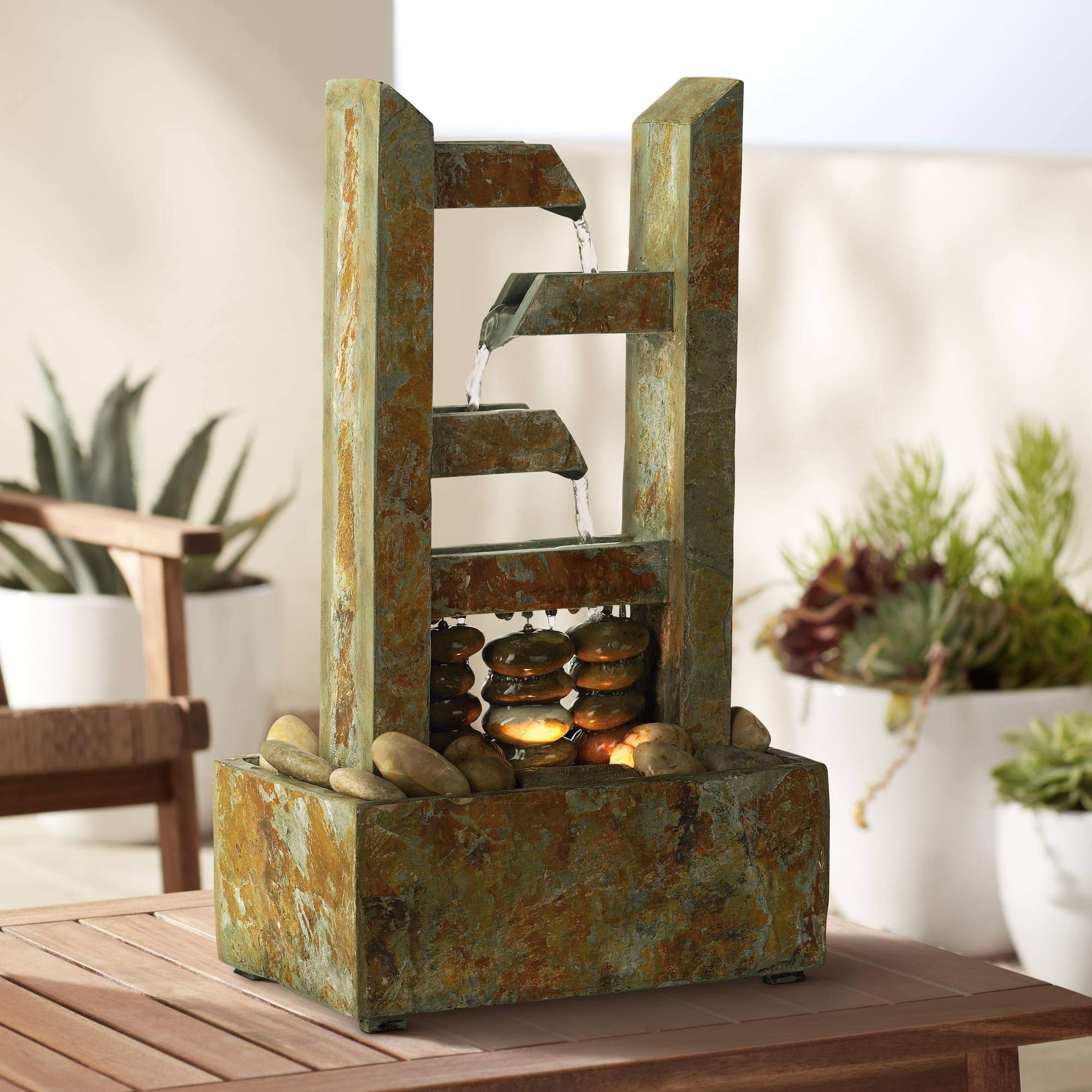 Zen Cascading Indoor Water Fountain with LED Light - Natural Slate Stone & River Rock Design - 17.25