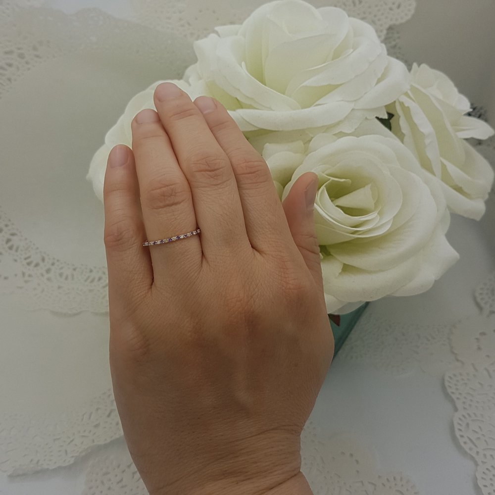 Dazzlingrock 14K Solid Gold Round Amethyst & White Diamond Stackable Wedding Band for Women - Anniversary, Engagement, Promise Ring - Perfect for Bridal Jewelry, Gift Giving & Special Occasions