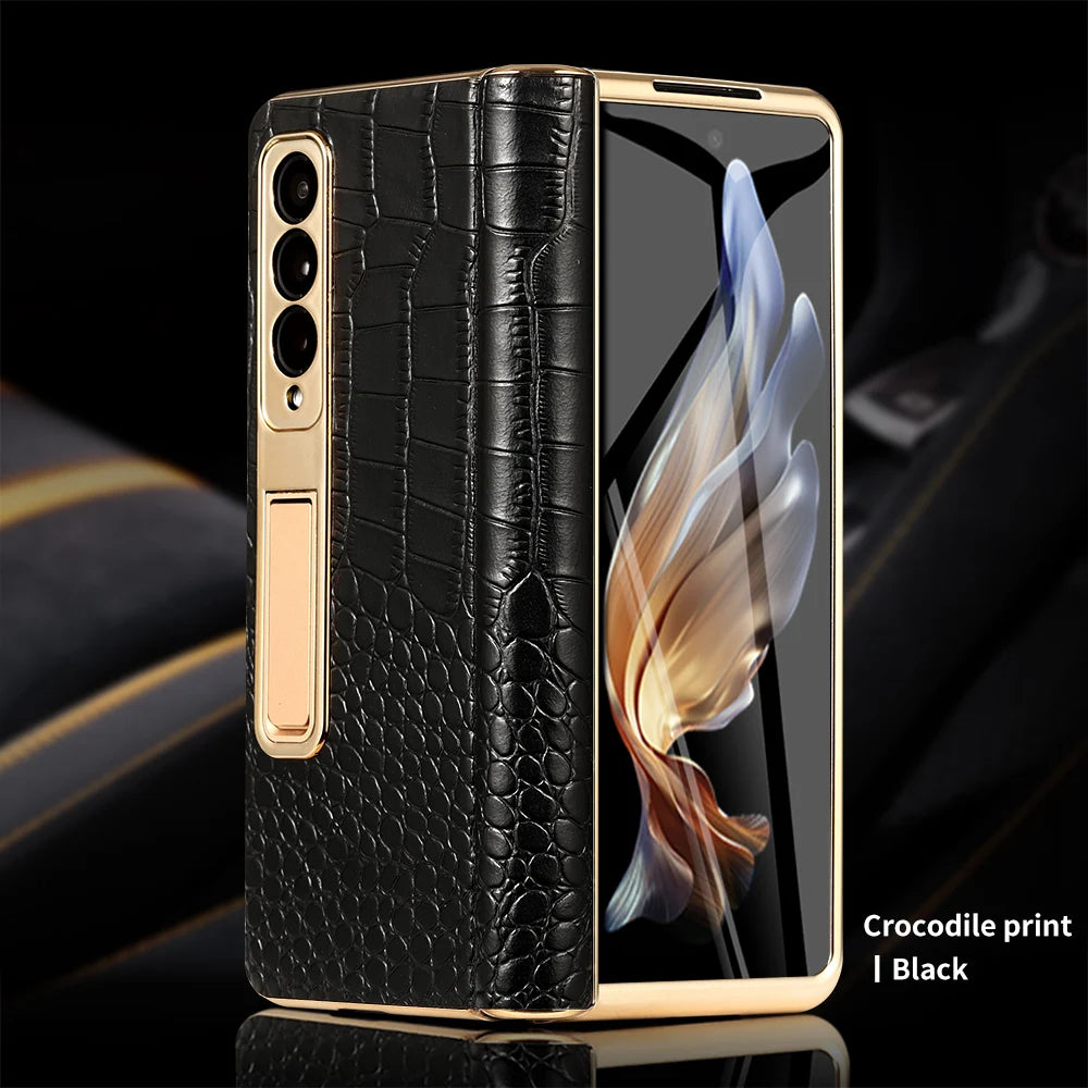 Premium Real Leather Phone Case for Samsung Galaxy Z Fold 6 with Hinge Kickstand - Slim Protective Cover for Work, Travel & Everyday Use