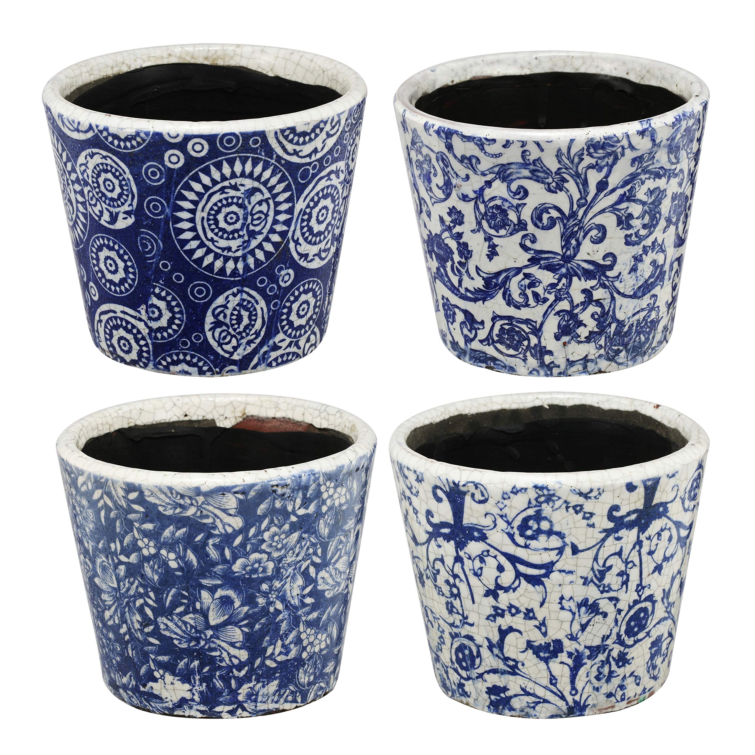 Royal Blue and White Vintage Clay Small Planters - Set of 4 for Indoor Plants, Succulents & Home Decor | Perfect for Windowsills, Shelves & Tabletop Displays