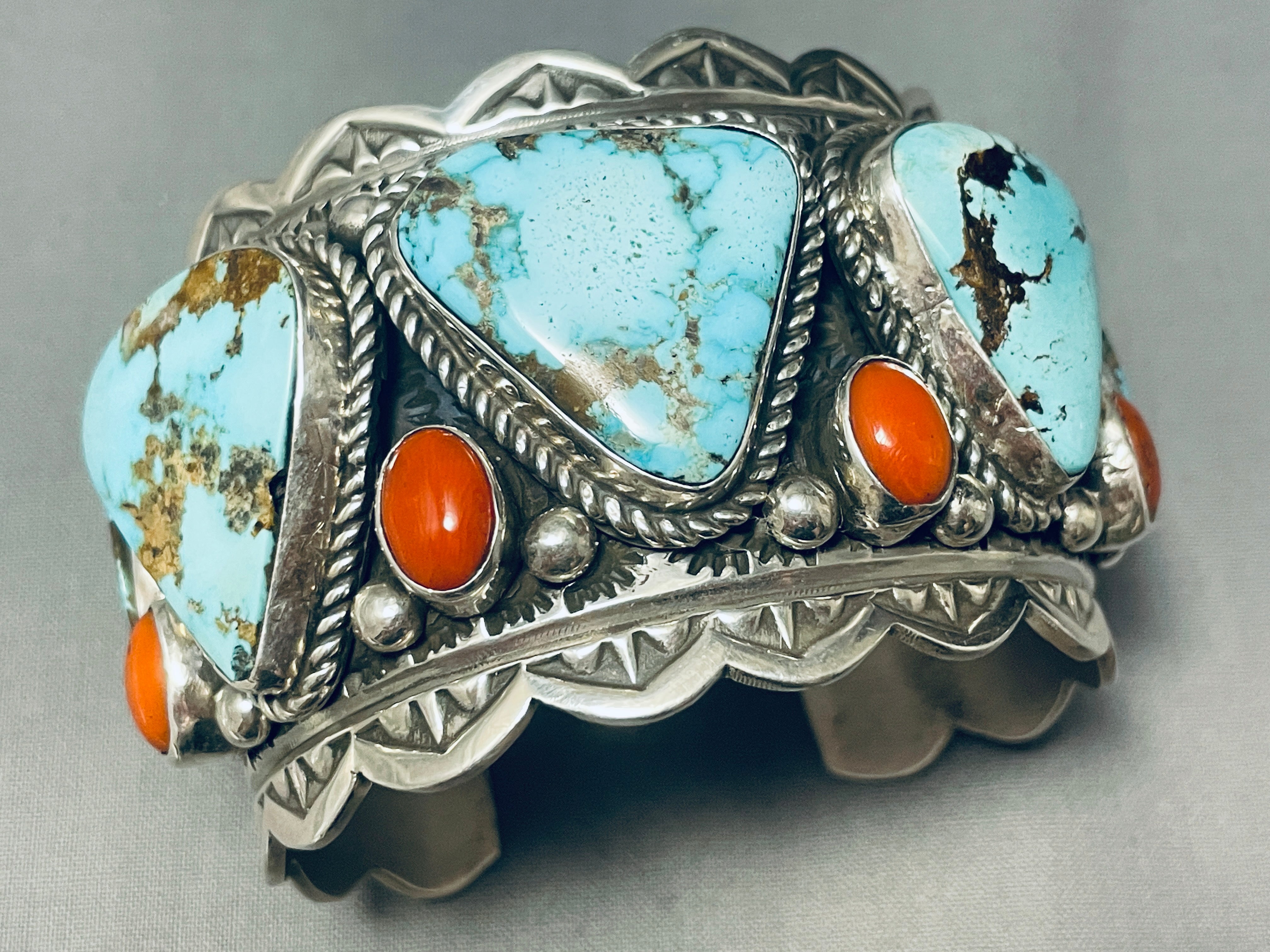 171g Native American Navajo Turquoise Coral Sterling Silver Bracelet for Men - Handcrafted Southwest Jewelry for Gifts, Weddings & Spiritual Healing