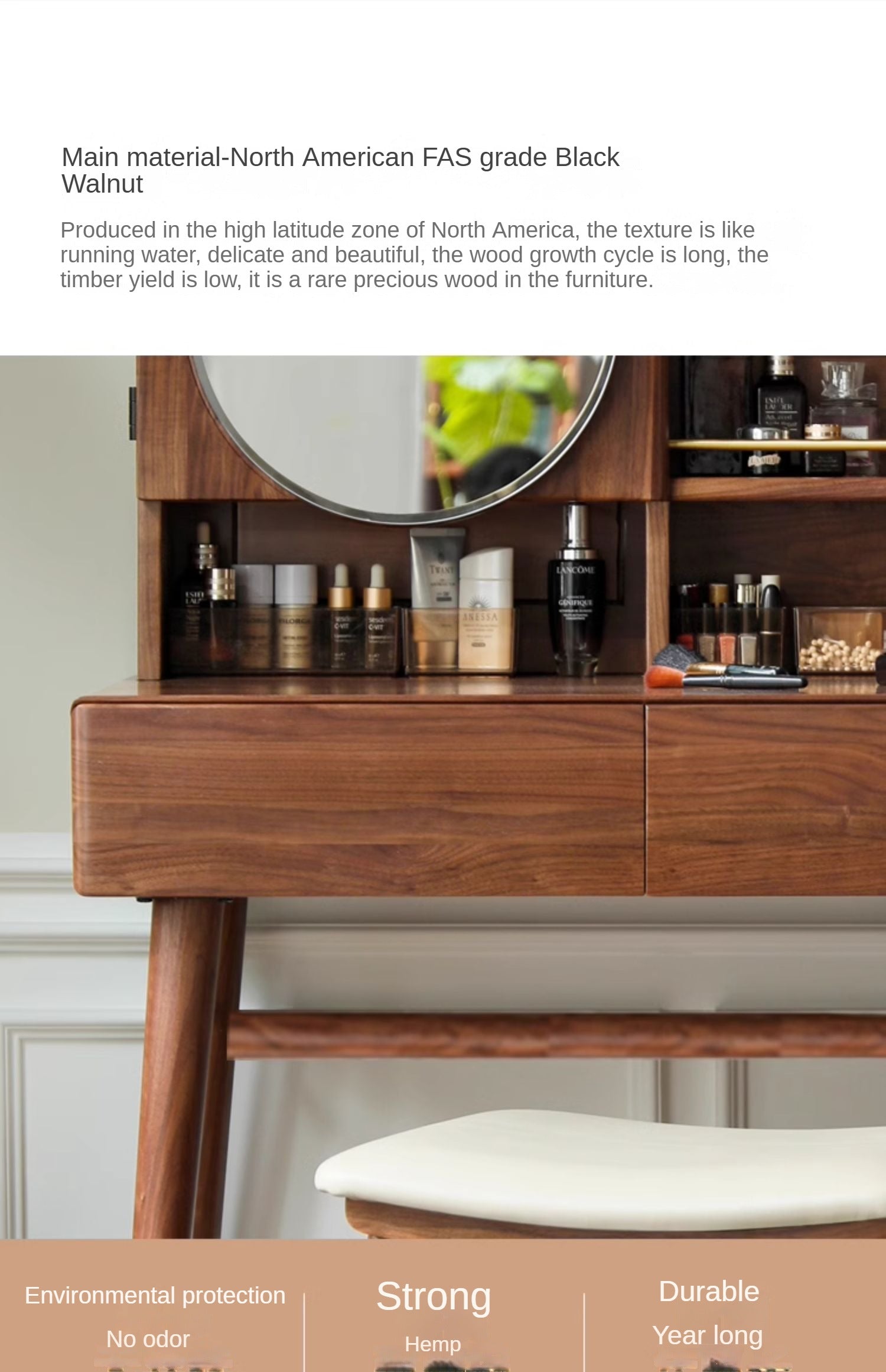 Black Walnut Solid Wood Moon Makeup Mirror Vanity Dressing Table - Elegant Bedroom & Bathroom Decor for Women