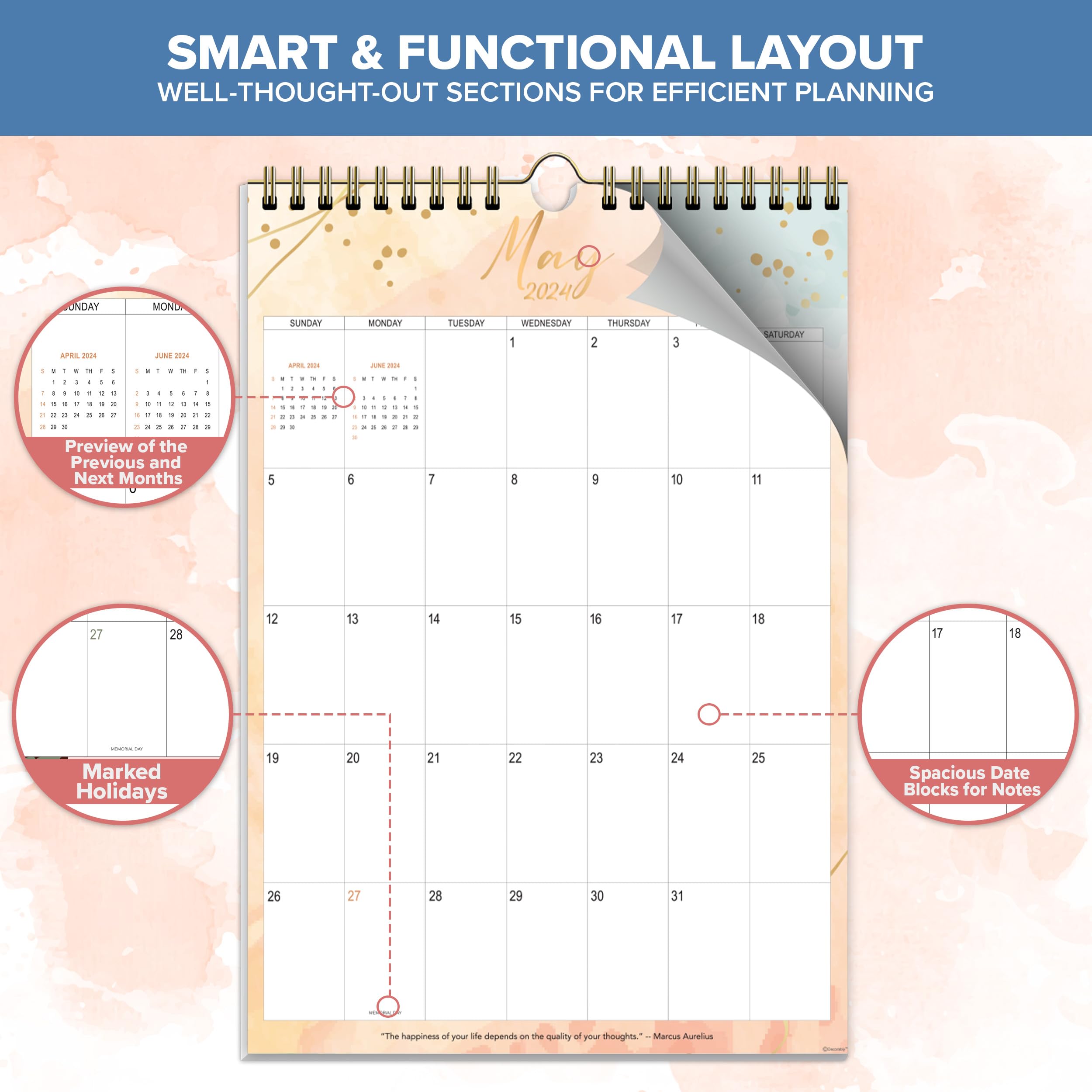 Decorably 18-Month Wall Calendar 2024-2025 (January 2024 - June 2025) | 10x14.5 Inch Vertical Portrait Calendar with Stickers | Perfect for Home, Office, School & Gift Giving