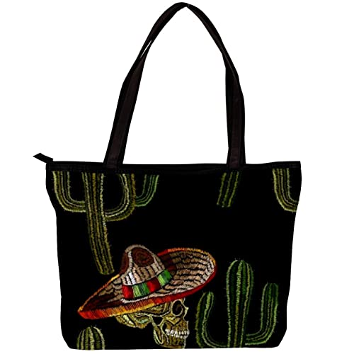 Stylish Cactus & Skull Print Tote Bag for Women - Durable Shoulder Handbag with Inner Pouch - Perfect for Shopping, Beach, Work & Daily Use