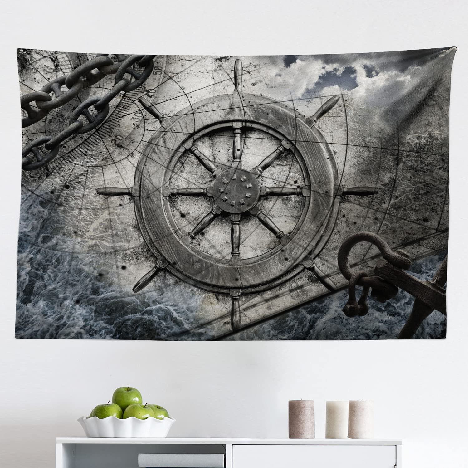 Ambesonne Nautical Ships Wheel Tapestry - Vintage Navigation Decor with Steering Helm, Anchor Chains & Charts - 45x30 Inch Charcoal Grey Fabric Wall Hanging for Bedroom, Living Room, Dorm - Perfect for Coastal, Beach House or Sailor Theme Decor