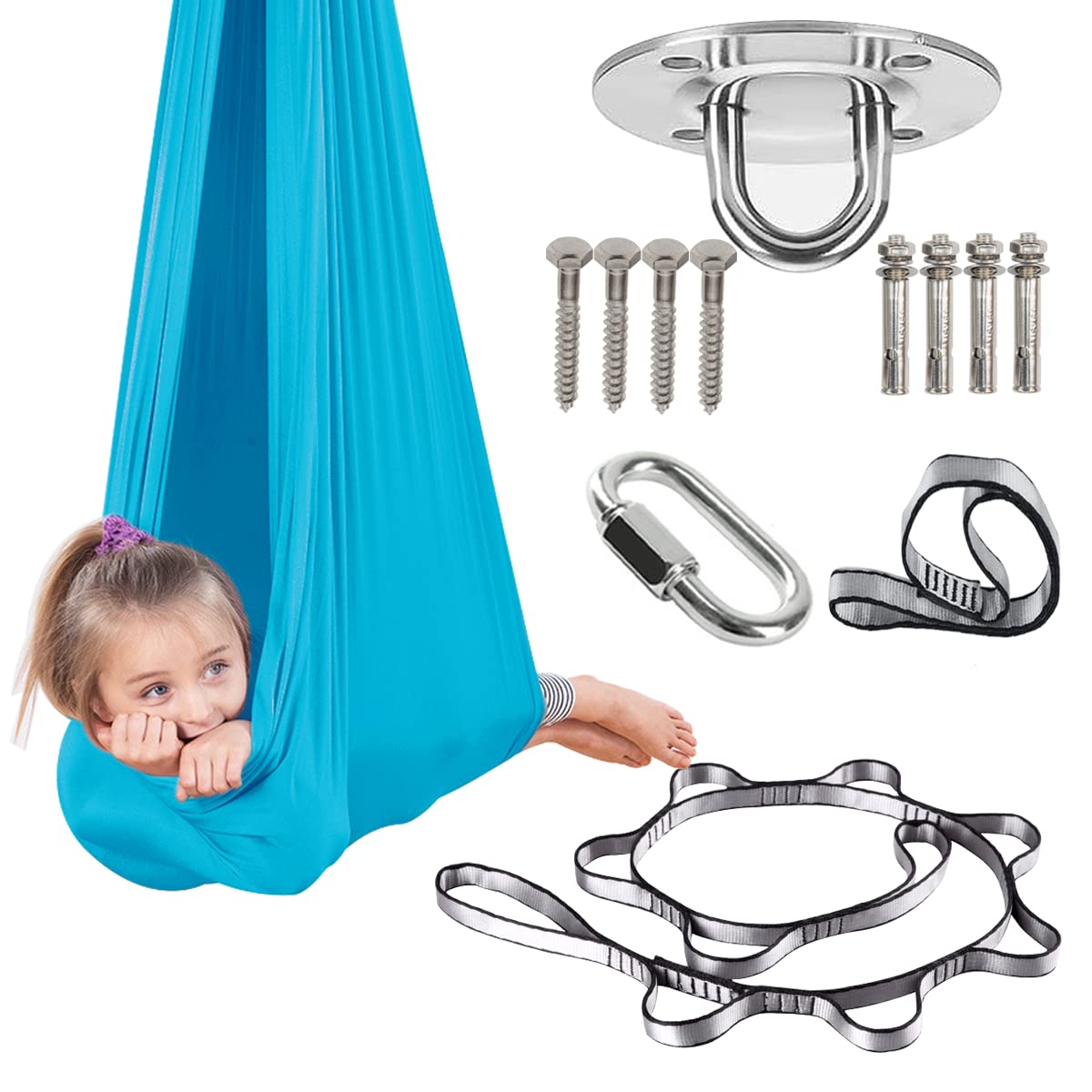 Sensory Swing for Kids & Adults - Indoor Therapy Hammock & Outdoor Cuddle Swing - Calming Effect for ADHD, Autism & Special Needs - Sky Blue 59