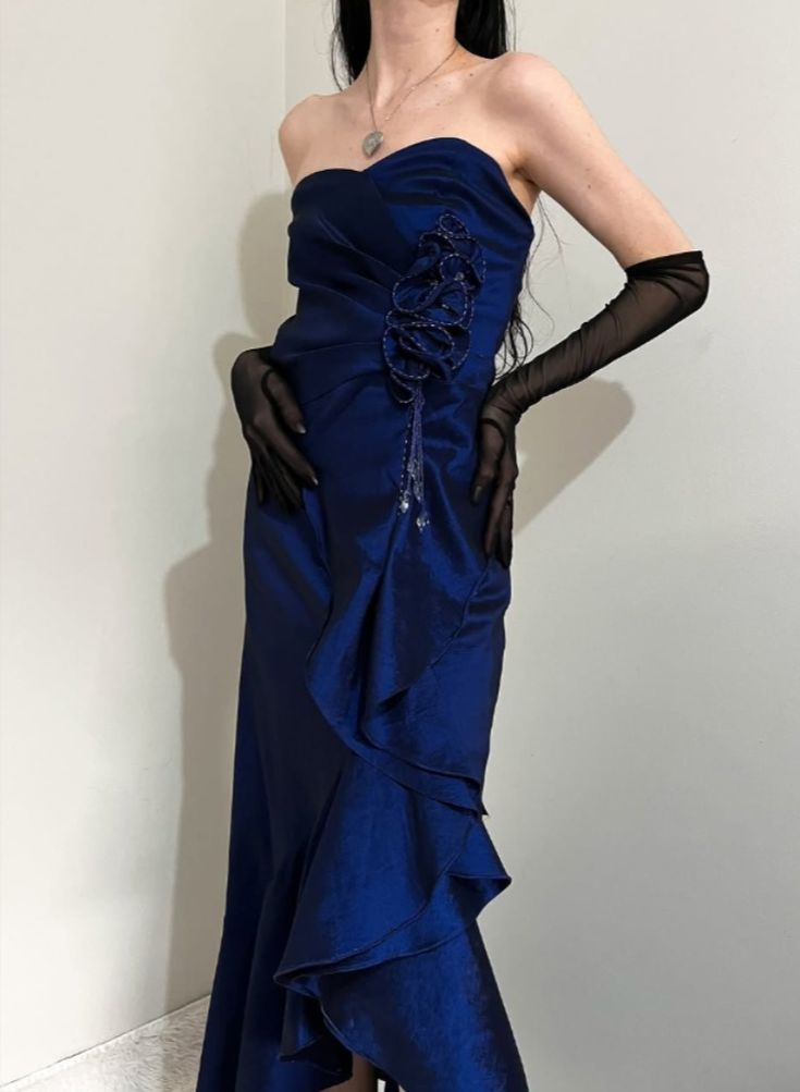 Elegant Navy Blue A-Line Ruffle Satin Prom Dress - Vintage Evening Gown J6723 for Homecoming, Formal Dances & Special Occasions