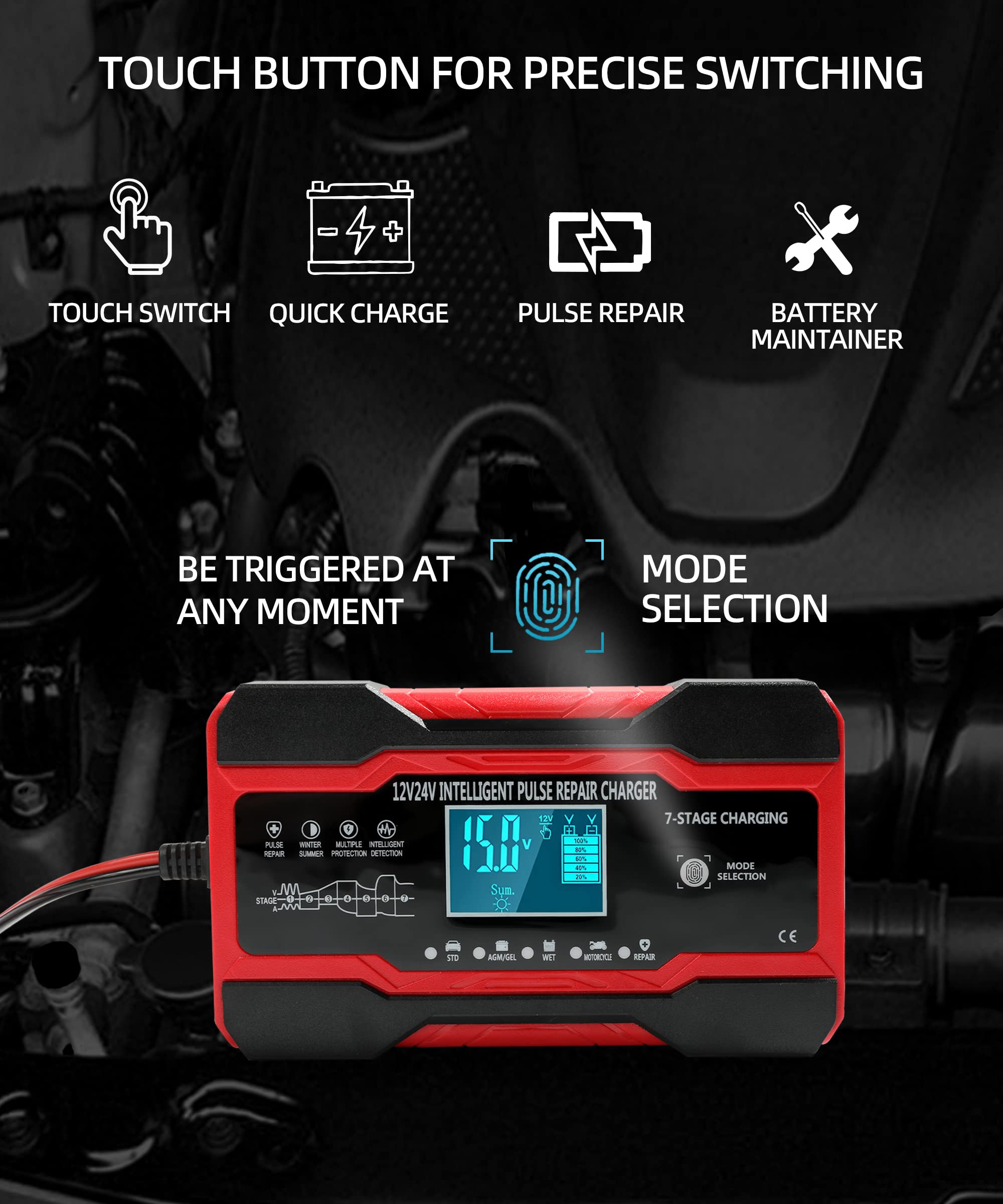 8-Amp 12V/24V Smart Car Battery Charger with Temperature Sensor & Desulfator - Automatic Trickle Charger for Cars, Trucks, Motorcycles, Lawn Mowers & Boats - Perfect for Winter Storage & Emergency Jump Starts