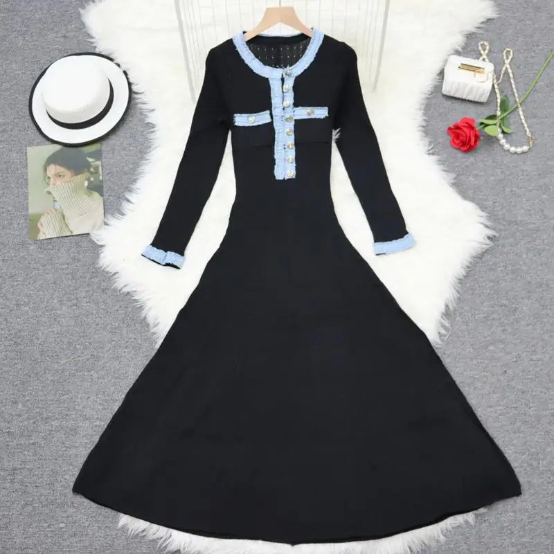2024 Autumn Women's Patchwork Knit Dress - Black White Blue Single Breasted Elegant French Style Long Sleeve Dress for Fall Festival & Holiday Parties | Perfect for Office, Date Night & Special Occasions