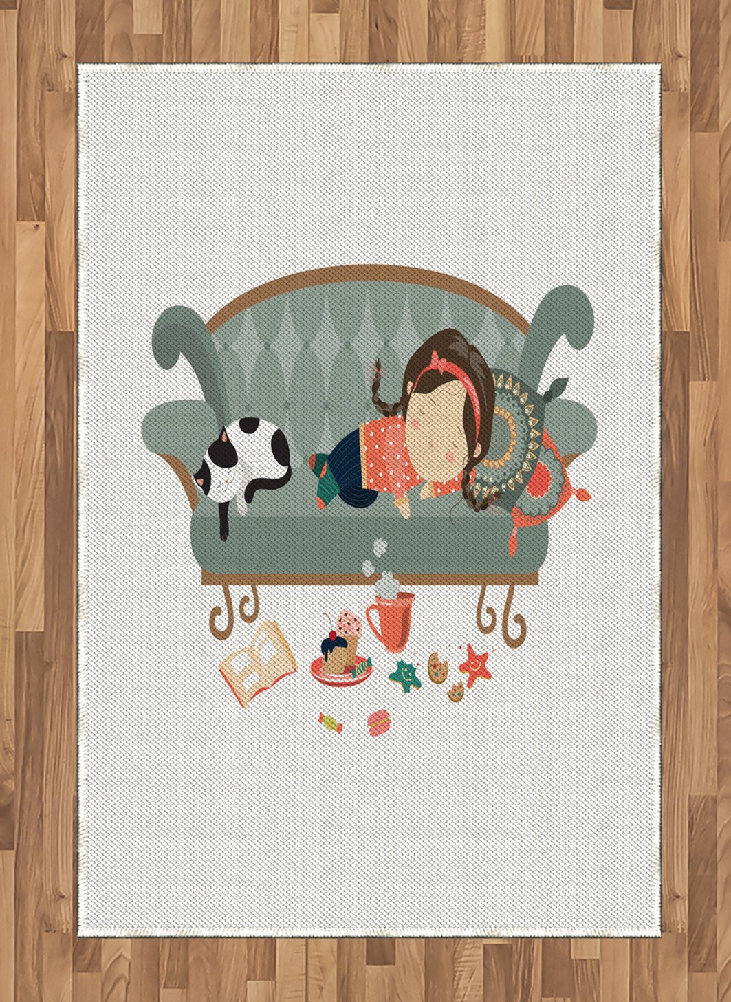 Ambesonne Pastel Kitten Area Rug - Sleeping Girl & Cat on Sofa with Coffee, Cookies & Book - Flat Woven Accent Rug for Living Room, Bedroom, Dining Room - 4' x 5'7