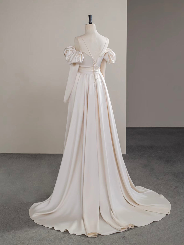Elegant A-Line Satin Champagne Long Prom Dress - Formal Evening Gown for Homecoming, Wedding, and Special Occasions