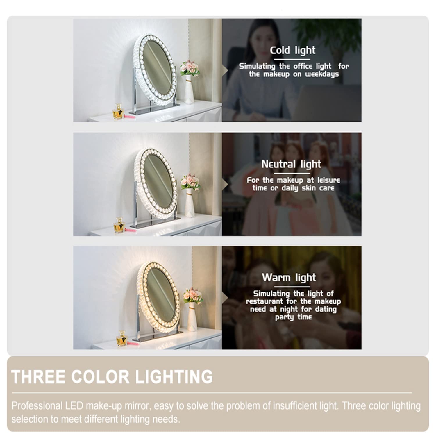 Oval Crystal Vanity Mirror with LED Lights - Large Hollywood Style Makeup Mirror with Touch Control, 3 Color Lighting & 360° Rotation - Perfect for Bedroom, Dressing Room & Professional Makeup Artists (Plug-in Power)