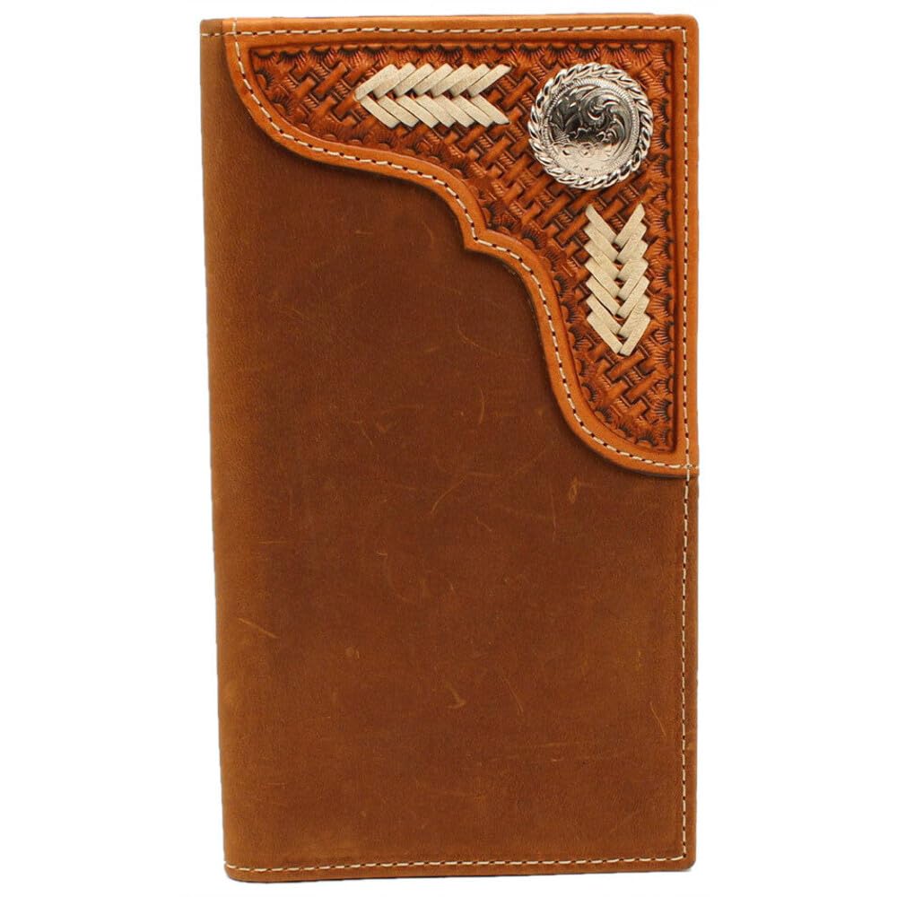 M&F Western Rodeo Basketweave Leather Wallet with Corner Oval Design - Medium Brown Cowhide Bifold Wallet for Men | Perfect for Country Riders, Cowboy Style & Everyday Carry