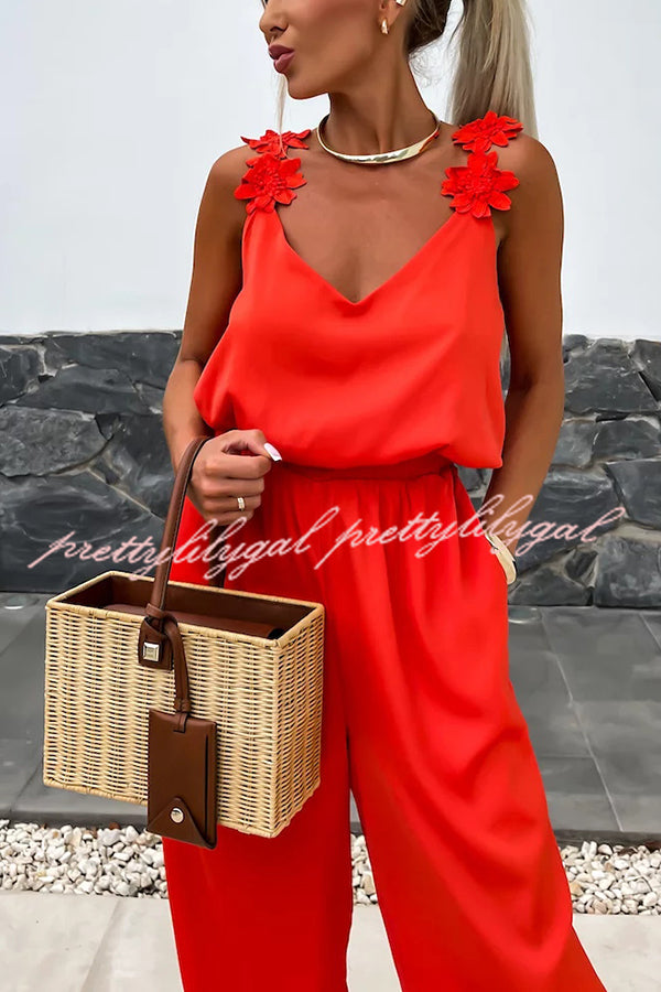 Solid Color Embroidered Flower Suspenders Casual Loose Jumpsuit for Women | Summer Boho Romper | Outdoor Music Festival & Beach Vacation Outfit