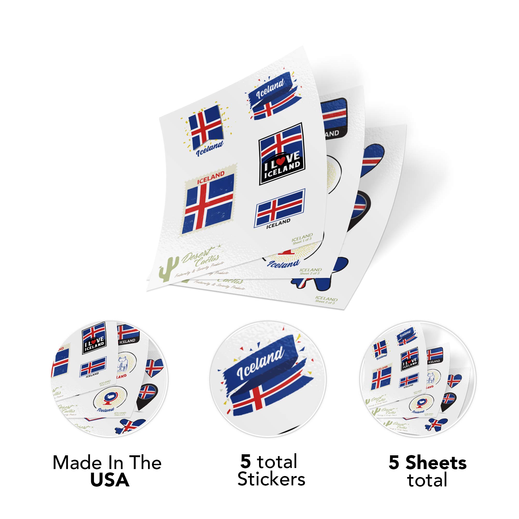 Desert Cactus Iceland Country Flag Sticker Decals - 3 Sheets of 14x12 Vinyl Stickers for Kids, Scrapbooking, Cars, Windows, Bumpers & Laptops - Perfect for DIY Crafts, School Projects & Home Decor