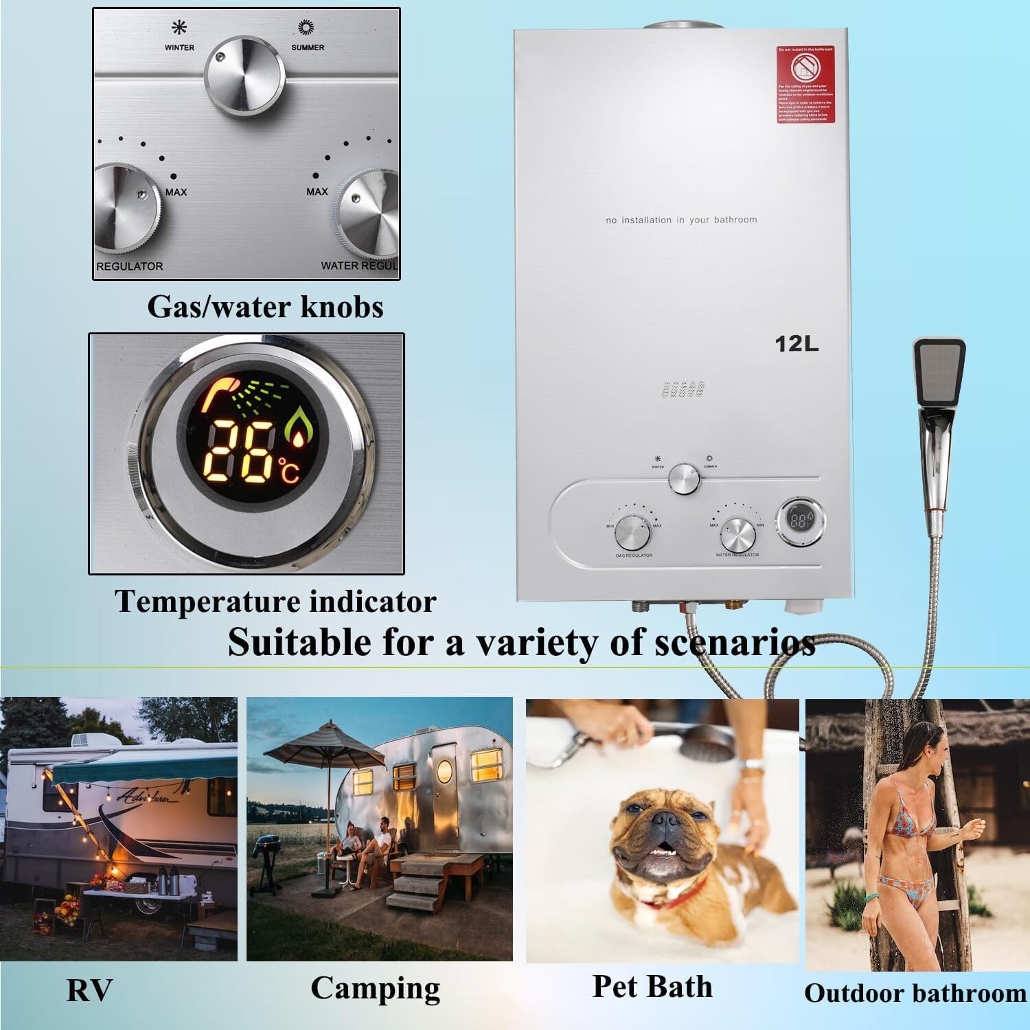 ECUTEE 12L 24KW LPG/Propane Gas Water Heater - Instant Tankless Gas Water Heater with Shower Kit for Outdoor Use, Silver - Perfect for Camping, RV, and Off-Grid Living