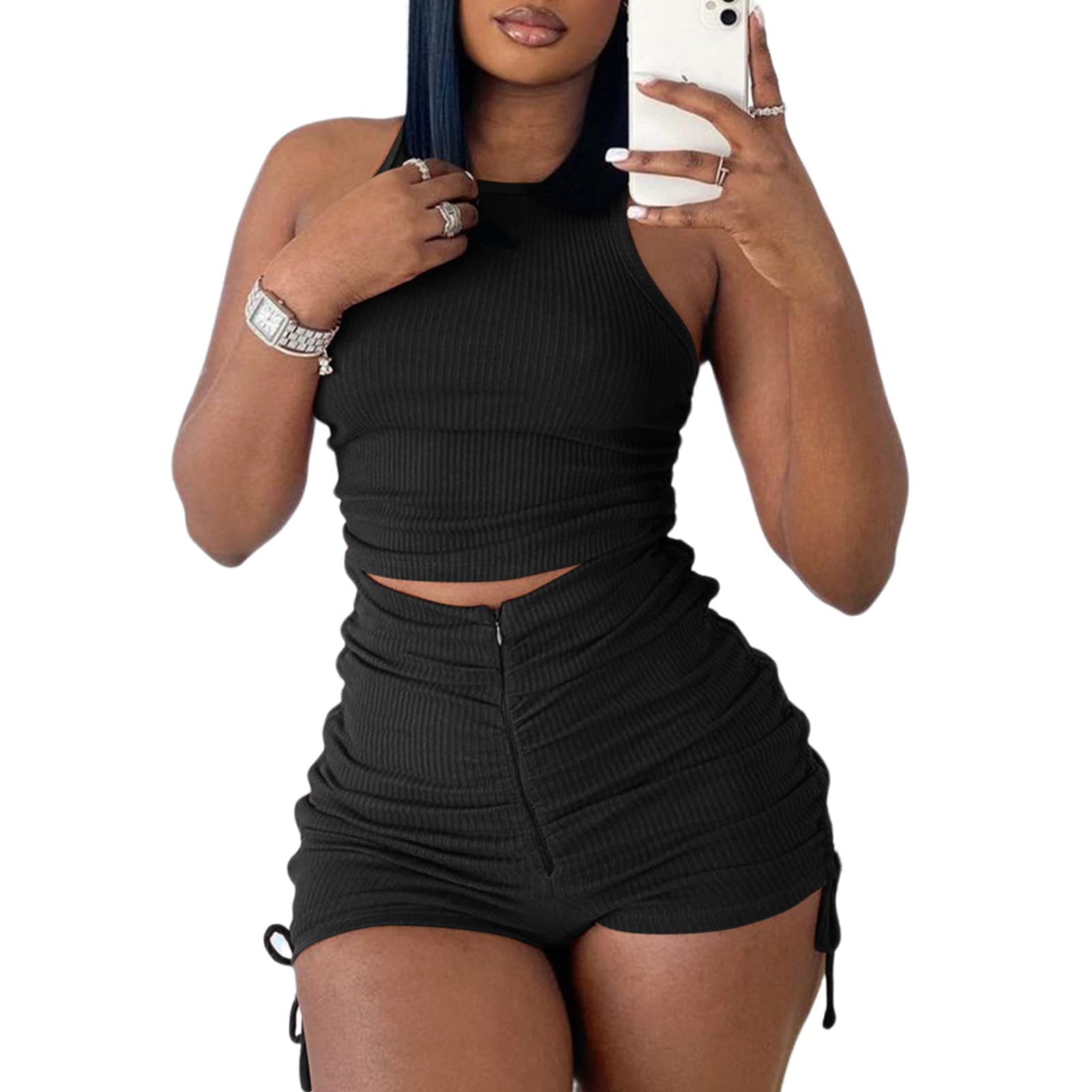 Women's Summer Two Piece Outfits - Ribbed Tank Crop Top & Drawstring Shorts Biker Workout Set | Gym, Yoga, Running, Beach & Casual Wear