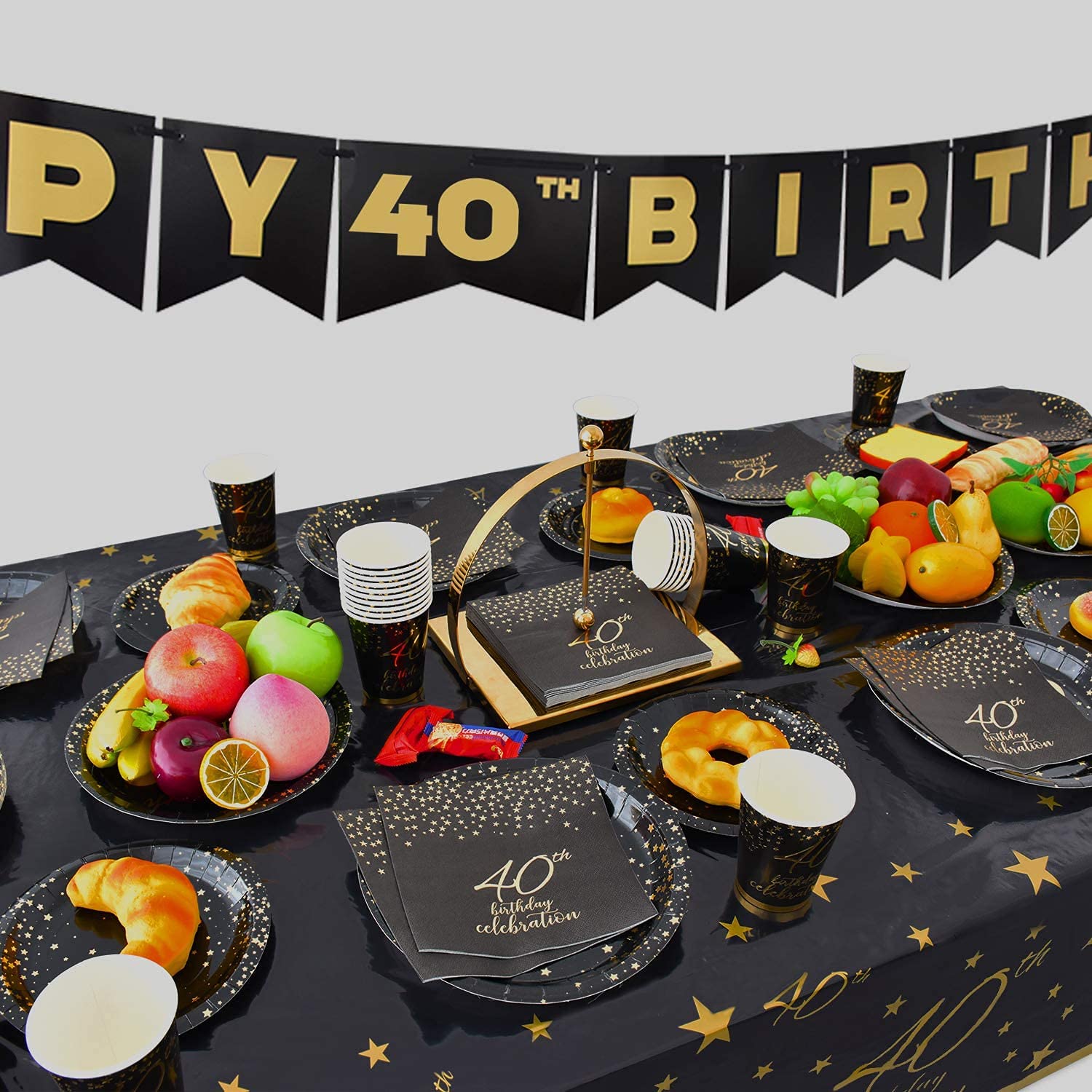 Gatherfun 40th Birthday Party Supplies Set - 40 Disposable Paper Plates, Napkins, Cups, Cutlery & Tablecloth - Black & Gold Decorations for Men & Women (Serves 25) - Perfect for Anniversary Celebrations, Milestone Parties & Special Occasions