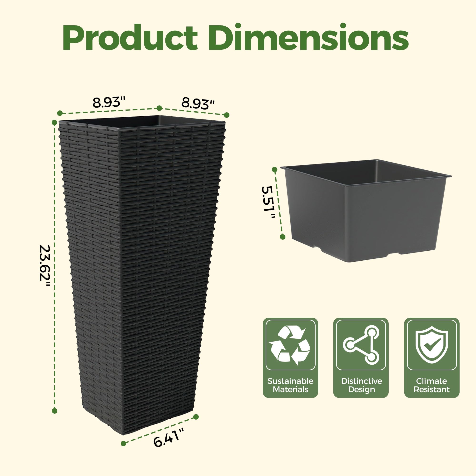 GARVEE 2 Pack 24 Inch Large Planters for Indoor Outdoor Plants - Tall Flower Pots with Removable Liners & Drainage Holes - All Weather Decorative Plant Containers for Trees, Flowers, Porch, Patio, Backyard (Black) - Perfect for Home Gardening, Landscaping & Outdoor Decor
