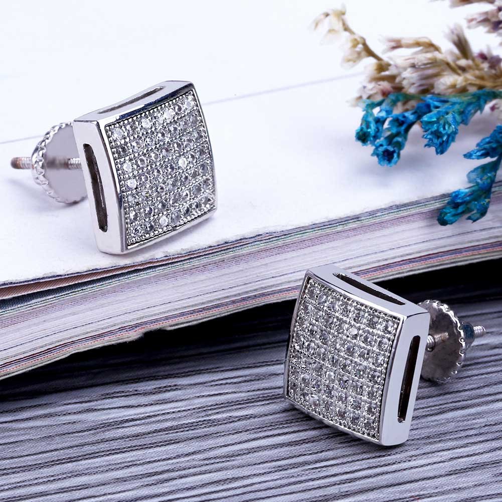 TOPGRILLZ 925 Sterling Silver Square Screw Stud Earrings - 14K Gold Plated 5A+ Cubic Zirconia Iced Out Hypoallergenic Earrings for Men & Women - Perfect for Parties, Weddings, and Everyday Luxury Wear