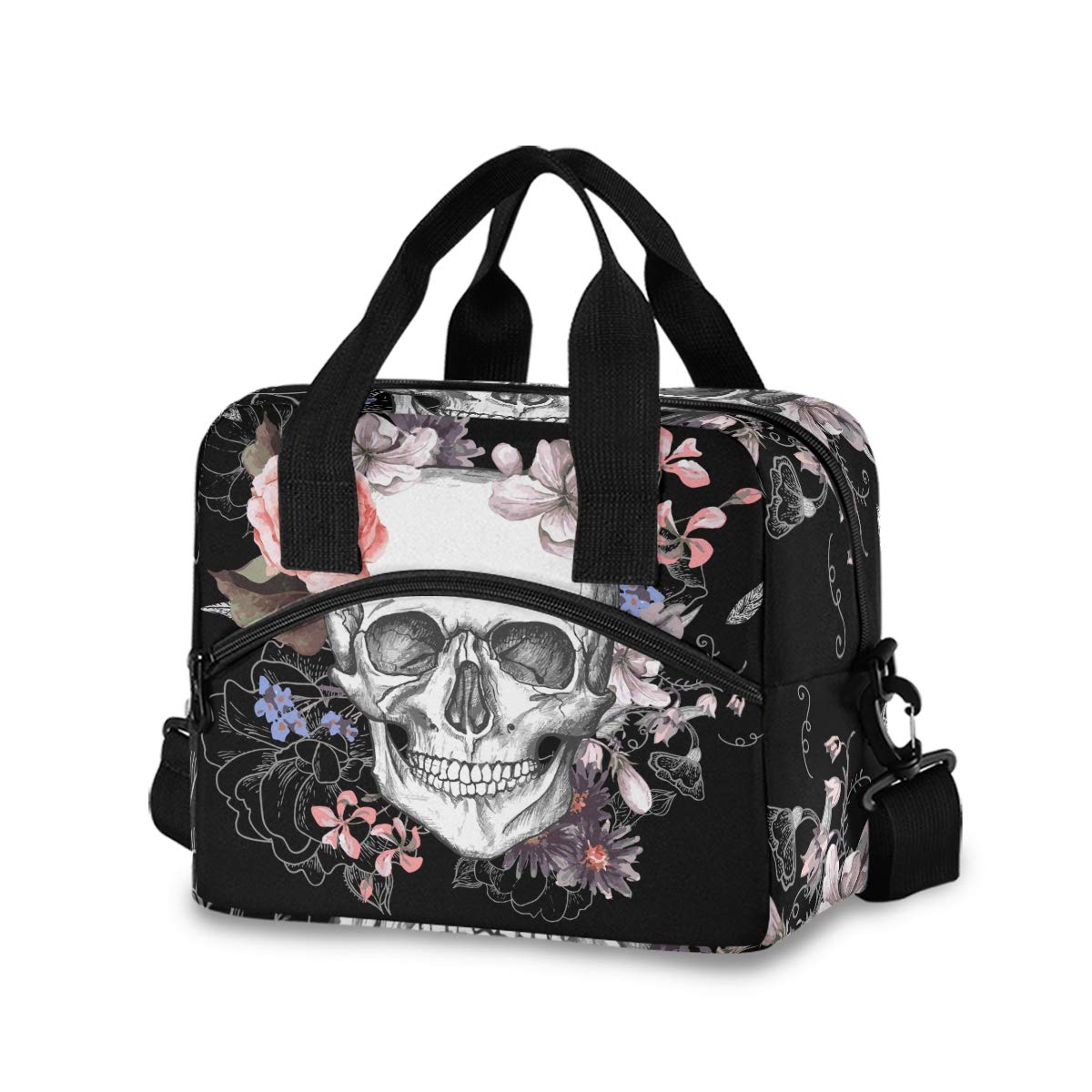 Skull and Flowers Insulated Lunch Bag for Women - Leakproof Crossbody Lunch Tote with Adjustable Shoulder Strap | Perfect Lunch Box Purse & Cooler Bag for Nurses, Teachers, Office Workers & School | Great for Work, Picnics & Daily Commute