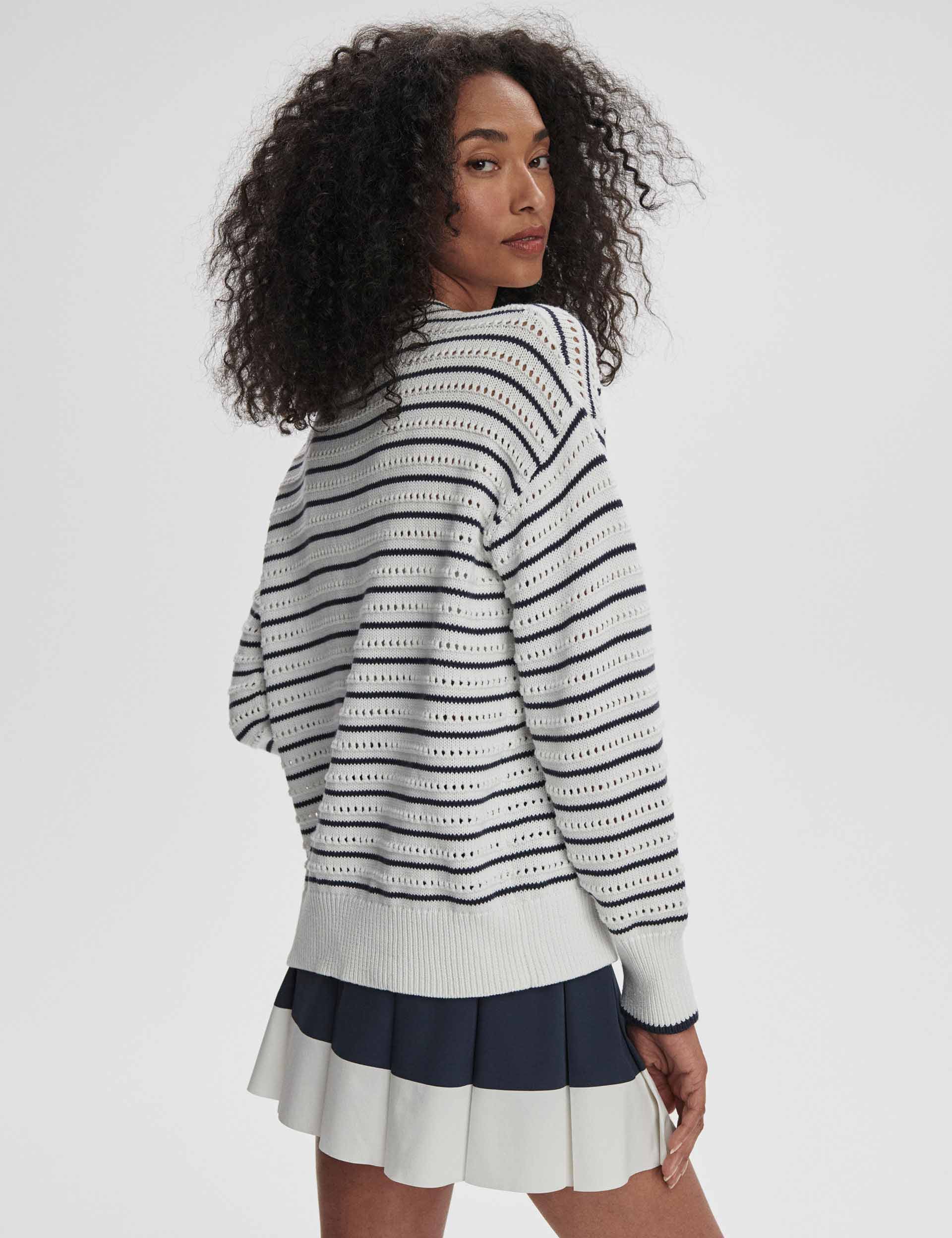 Antonia Relaxed Cardigan for Women - Soft Knit Open Front Sweater in White & Blue Nights - Perfect for Casual Wear, Office & Cozy Evenings