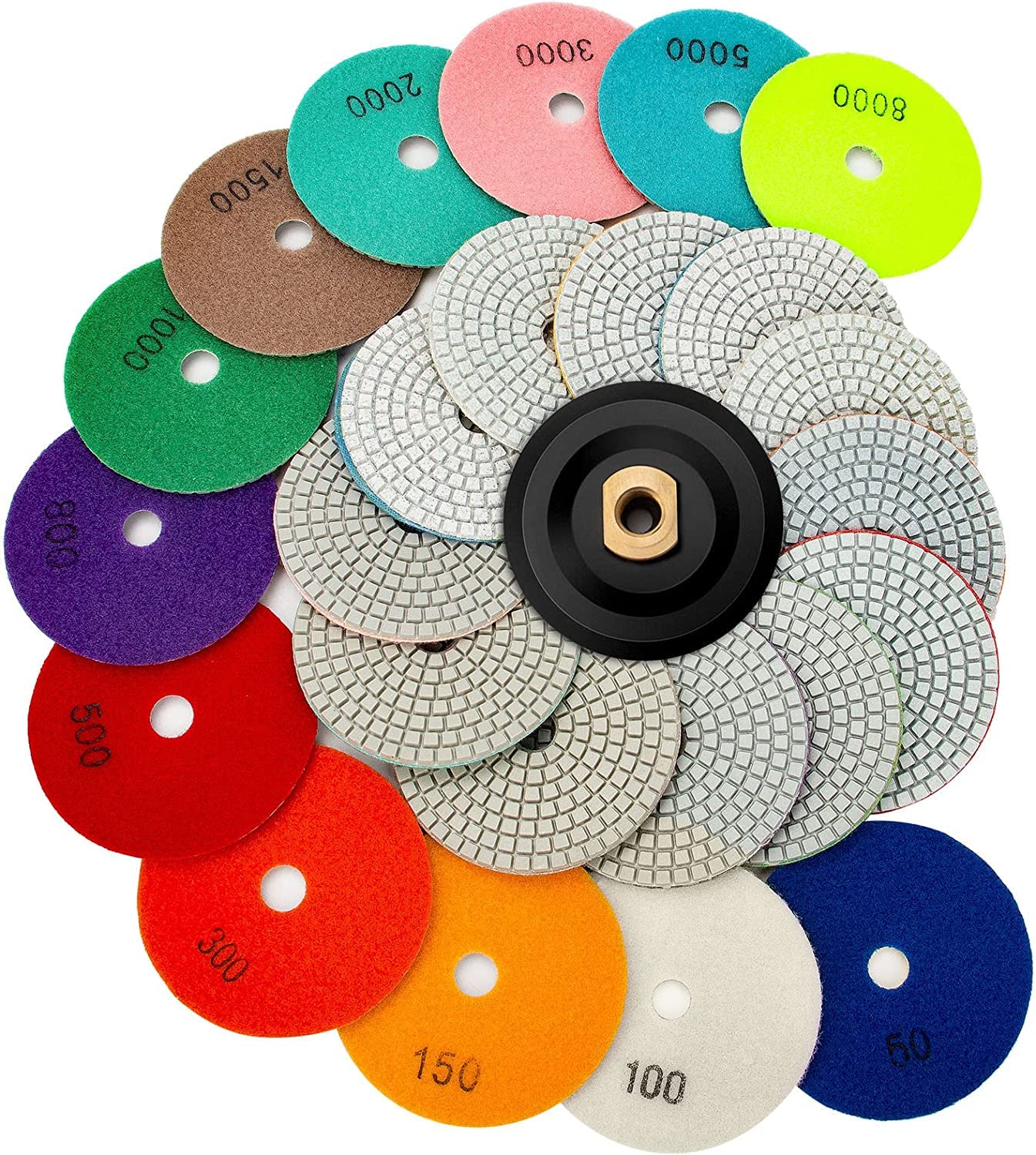 13 Packs 4 Inch Diamond Polishing Pads with 5/8’’-11 Backer Pad - 12PC Wet/Dry Polish Pad Kit for Drill, Grinder & Polisher - 50-8000 Grit Pads for Granite, Marble, Concrete, Stone, Countertop & Quartz Polishing - Perfect for DIY Home Renovation & Professional Stone Restoration Projects