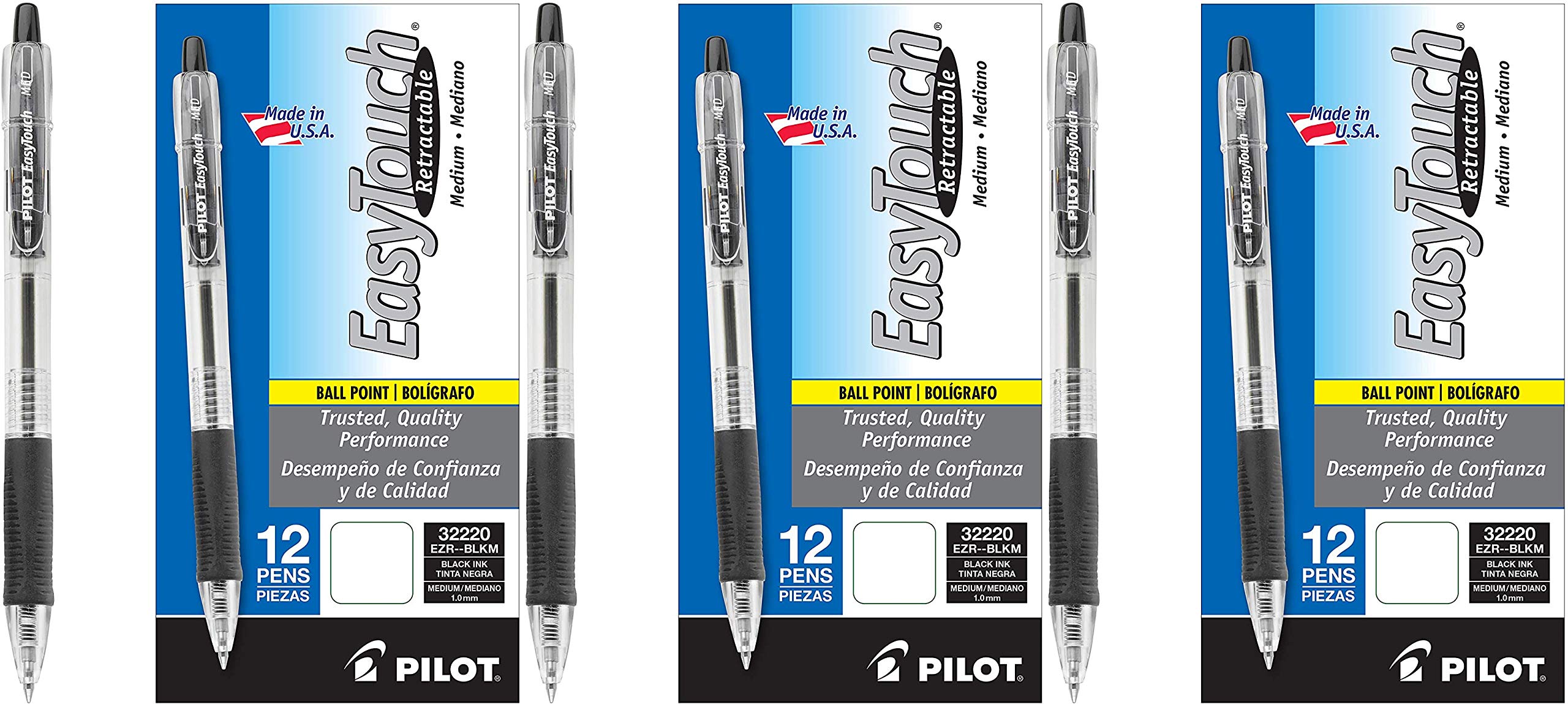 PILOT EasyTouch Refillable Retractable Ballpoint Pens - Medium Point Black Ink (12 Count, 3 Pack) - Smooth Writing for Office, School & Everyday Use - Perfect for Note Taking, Journaling & Business Professionals
