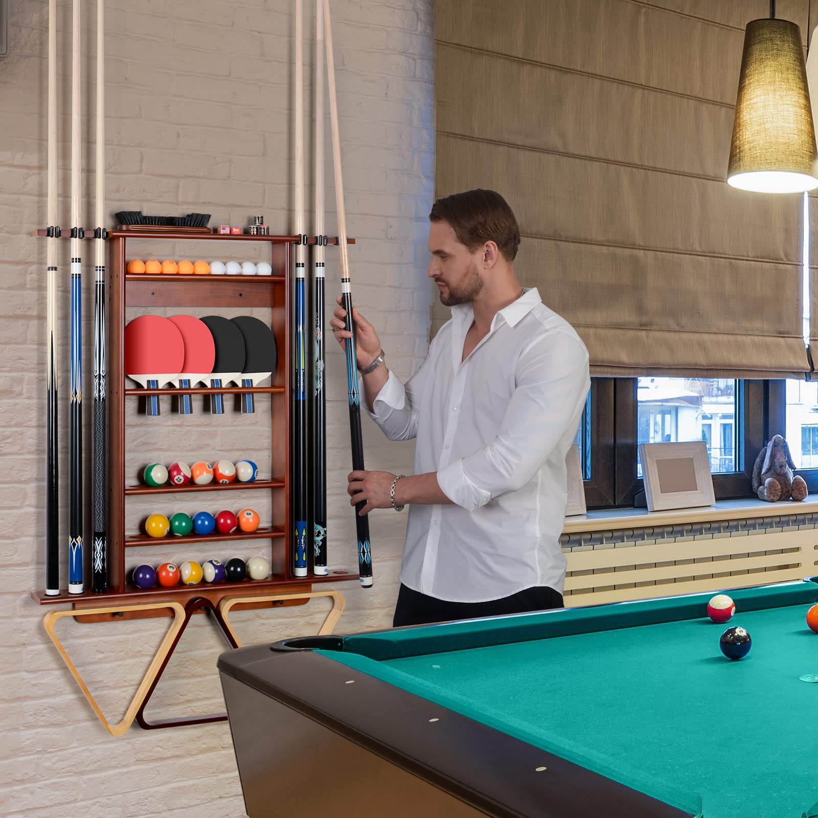 XCSOURCE 2-in-1 Pool Cue Rack & Ping Pong Paddle Holder - Solid Pine Wood Wall Mount for Billiards & Table Tennis Accessories - Perfect for Man Cave, Game Room, Basement, or Bar Decor