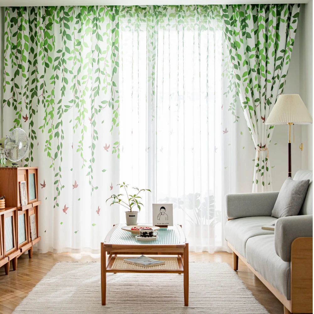 Rustic Farmhouse Green Willow Custom Curtains - Handmade Linen Drapes for Living Room, Bedroom & Kitchen - Light Filtering & Privacy Sheer Window Treatments