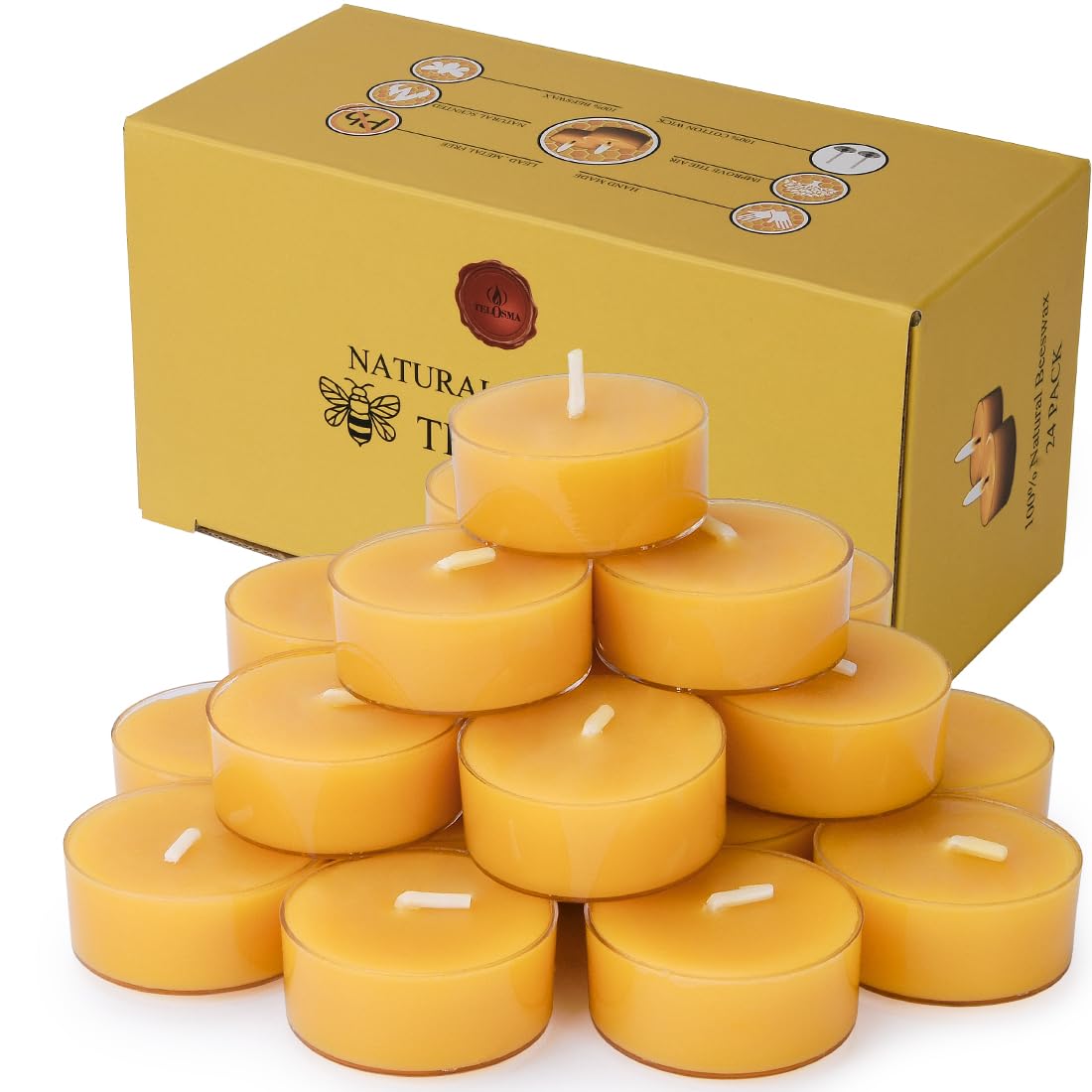 Organic Natural Yellow Beeswax Tealights - 24 Pack | Clean Burning, Smokeless, Eco-Friendly Candles for Home, Spa, Meditation & Romantic Ambiance