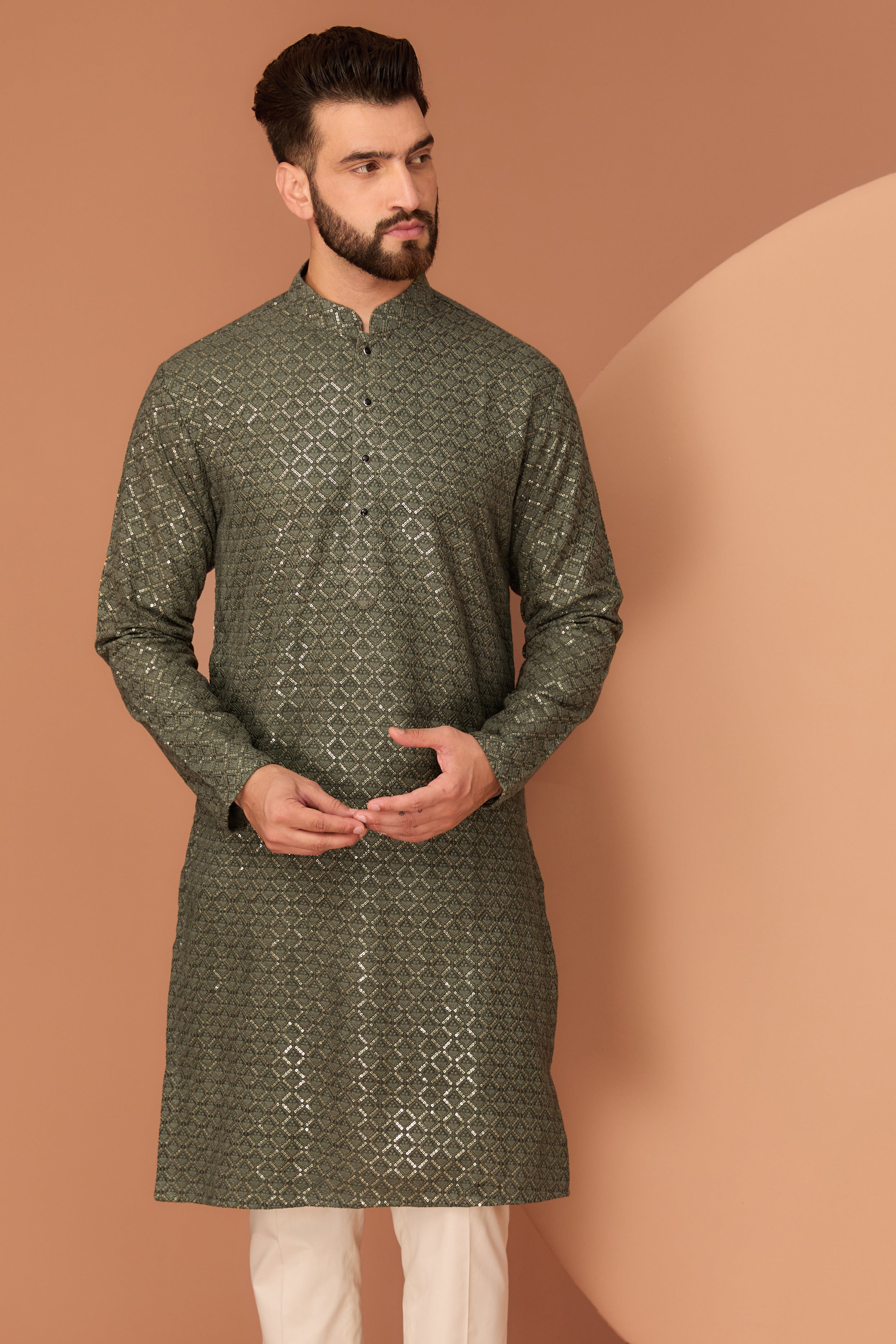 Stylish Military Green Embroidered Kurta for Men - Geometric Design Ethnic Wear - Perfect for Festivals, Weddings & Casual Outings