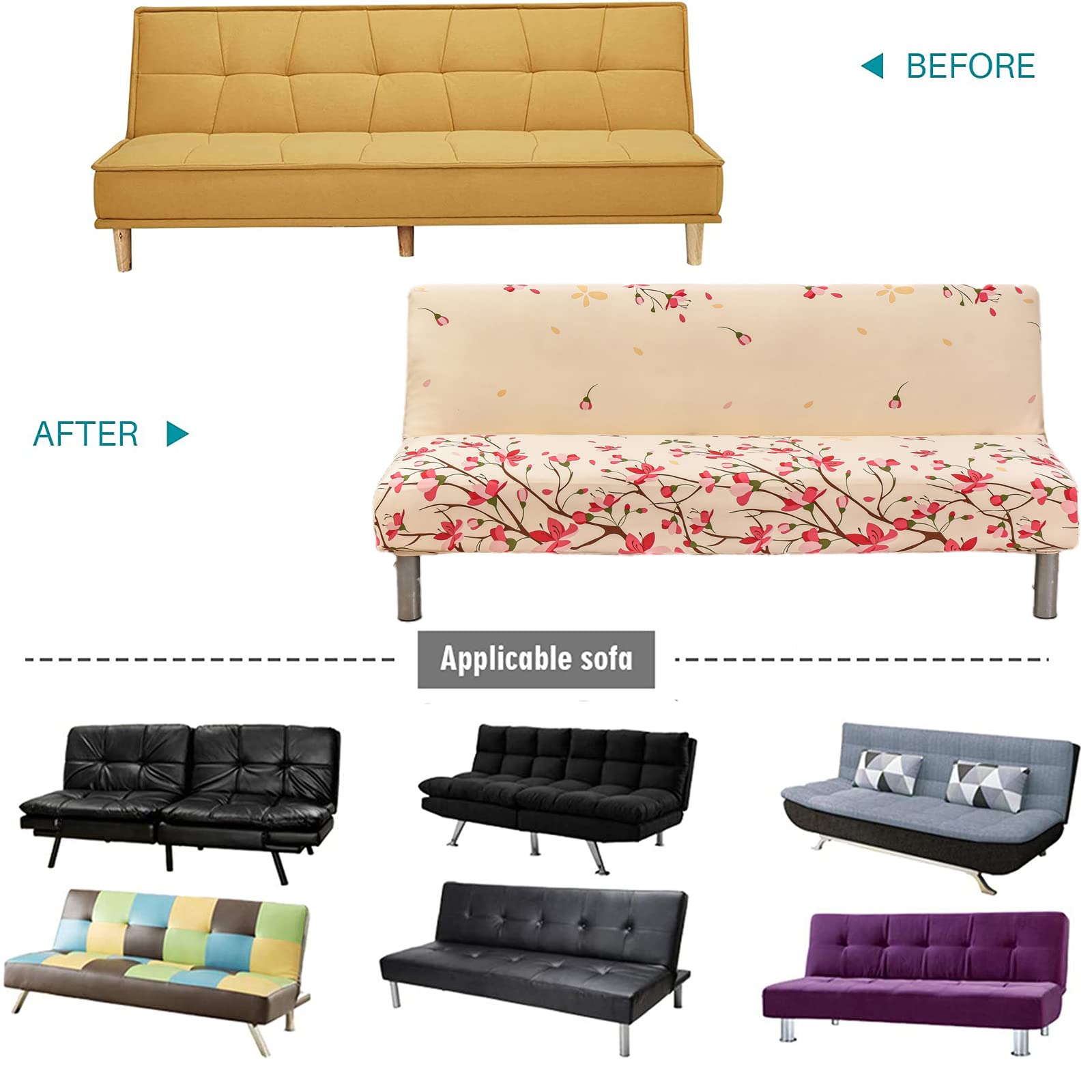 Stretch Printed Sofa Slipcover - Armless Printed Futon Cover, Washable Stretch Furniture Protector for Living Room, Bedroom, Dorm - Fits 21