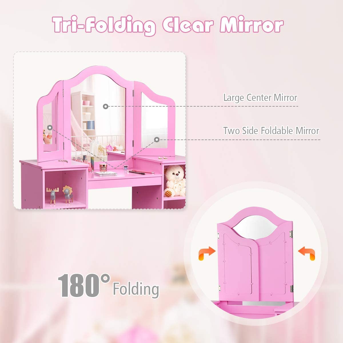 MAT EXPERT Kids Vanity Table Set with Tri-Folding Mirror - Wooden Princess Dresser with 4 Storage Shelves & Detachable Plastic Mirror - Pretend Play Makeup Dressing Table for Girls (Pink) - Perfect for Bedroom Decor, Birthday Gifts & Role Play Activities