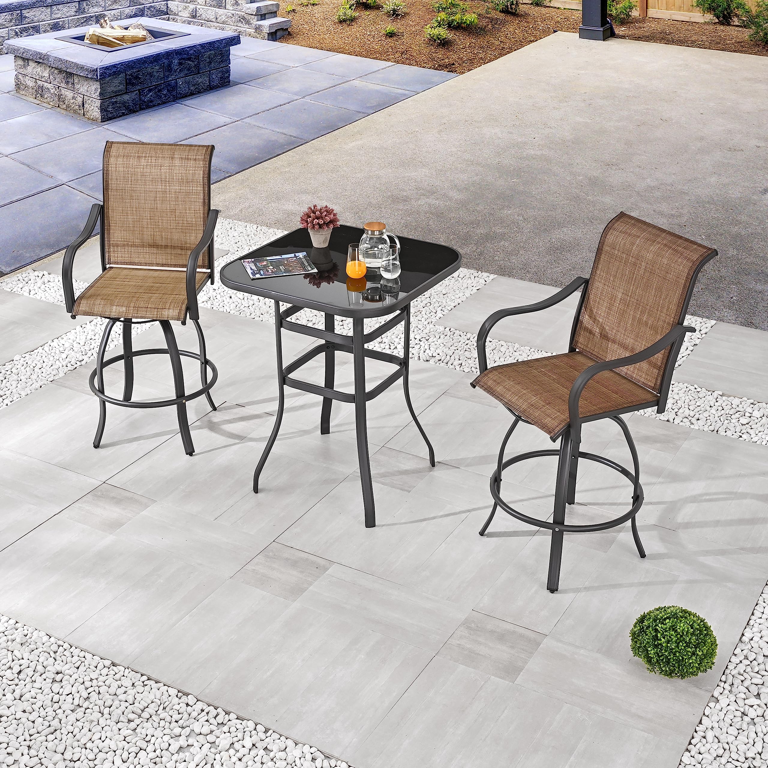 PatioFestival 9-Piece Outdoor Swivel Bar Stool Set with 3 Glass Top Tables - All-Weather Bistro Height Dining Chairs for Patio, Deck, Garden & Backyard (Brown) - Perfect for Outdoor Entertaining, BBQs & Poolside Relaxation