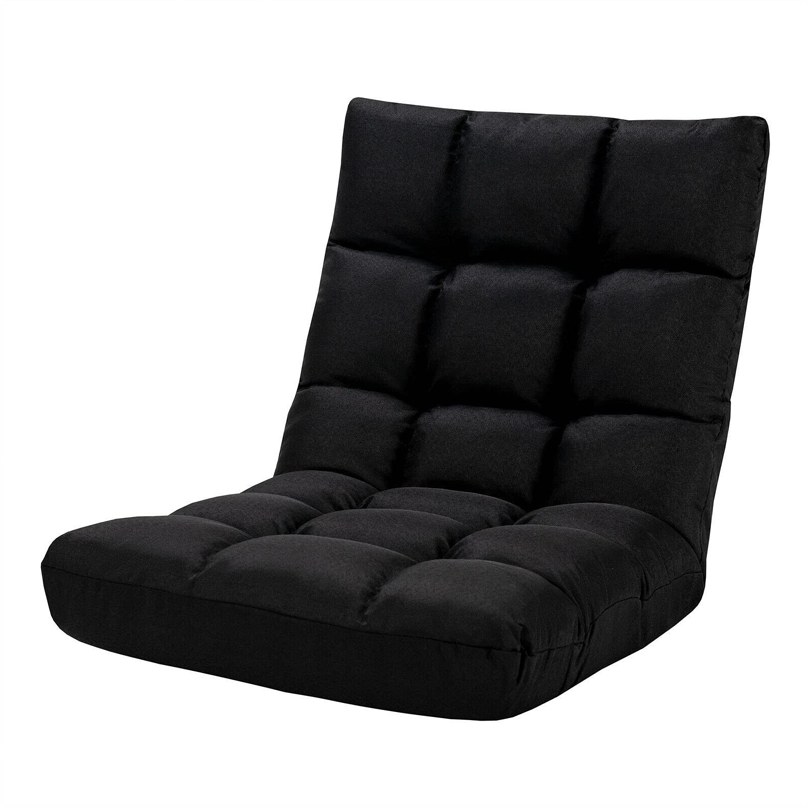 Premium Black Linen Fabric Floor Chair - 14 Adjustable Backrest Positions, Thick Padded Cushion & Sturdy Steel Frame - Perfect for Gaming, Reading, Watching TV, and Relaxing - Ergonomic Folding Lazy Chair for Adults & Teens - Ideal for Living Rooms, Bedrooms, and Dorm Rooms