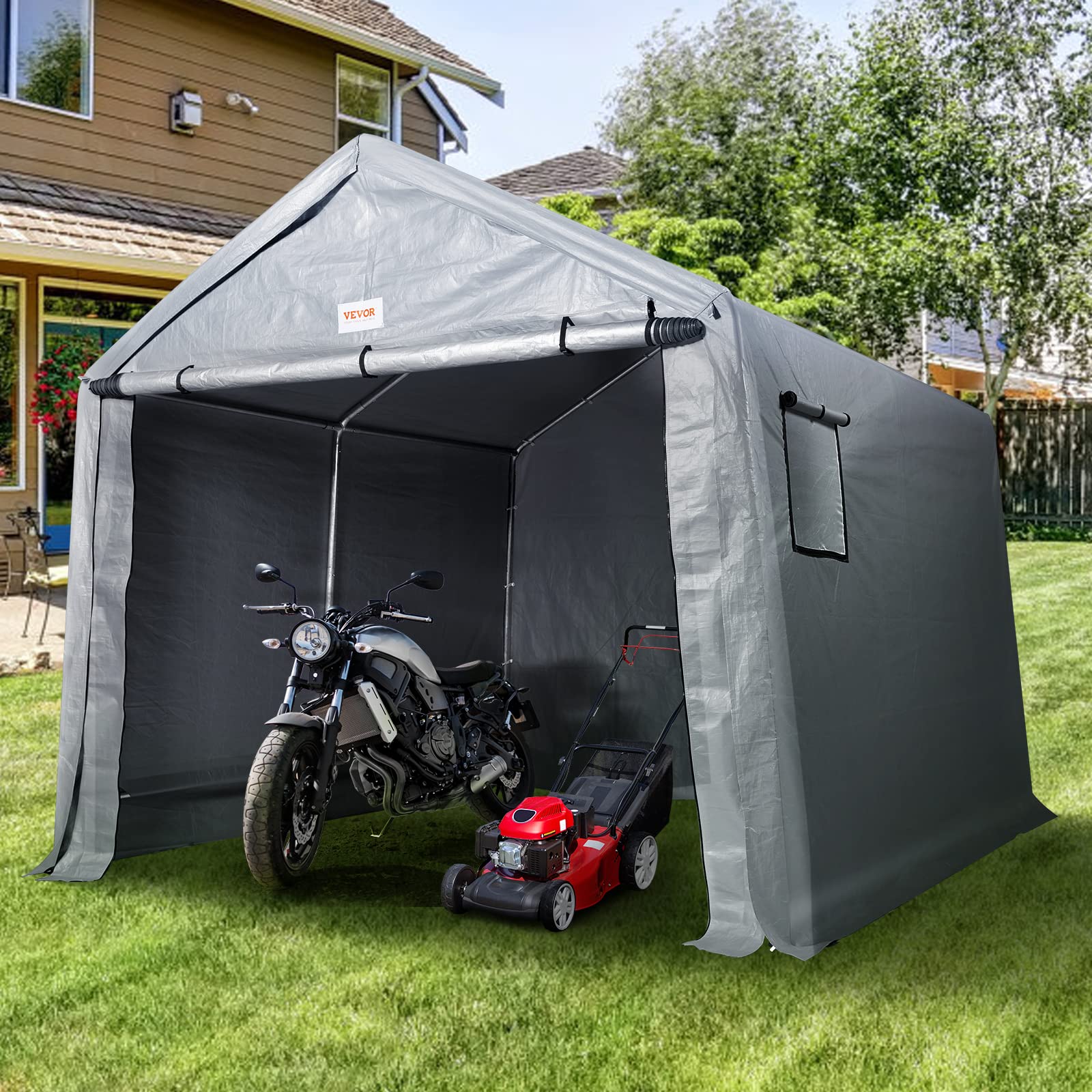 VEVOR 6x8x7 ft Heavy Duty Waterproof Portable Storage Shed Tent with Roll-up Zipper Door & Ventilated Windows - Outdoor Shelter for Motorcycle, Bike, Garden Tools, Lawn Equipment - Perfect for Backyard, Garage & Seasonal Storage