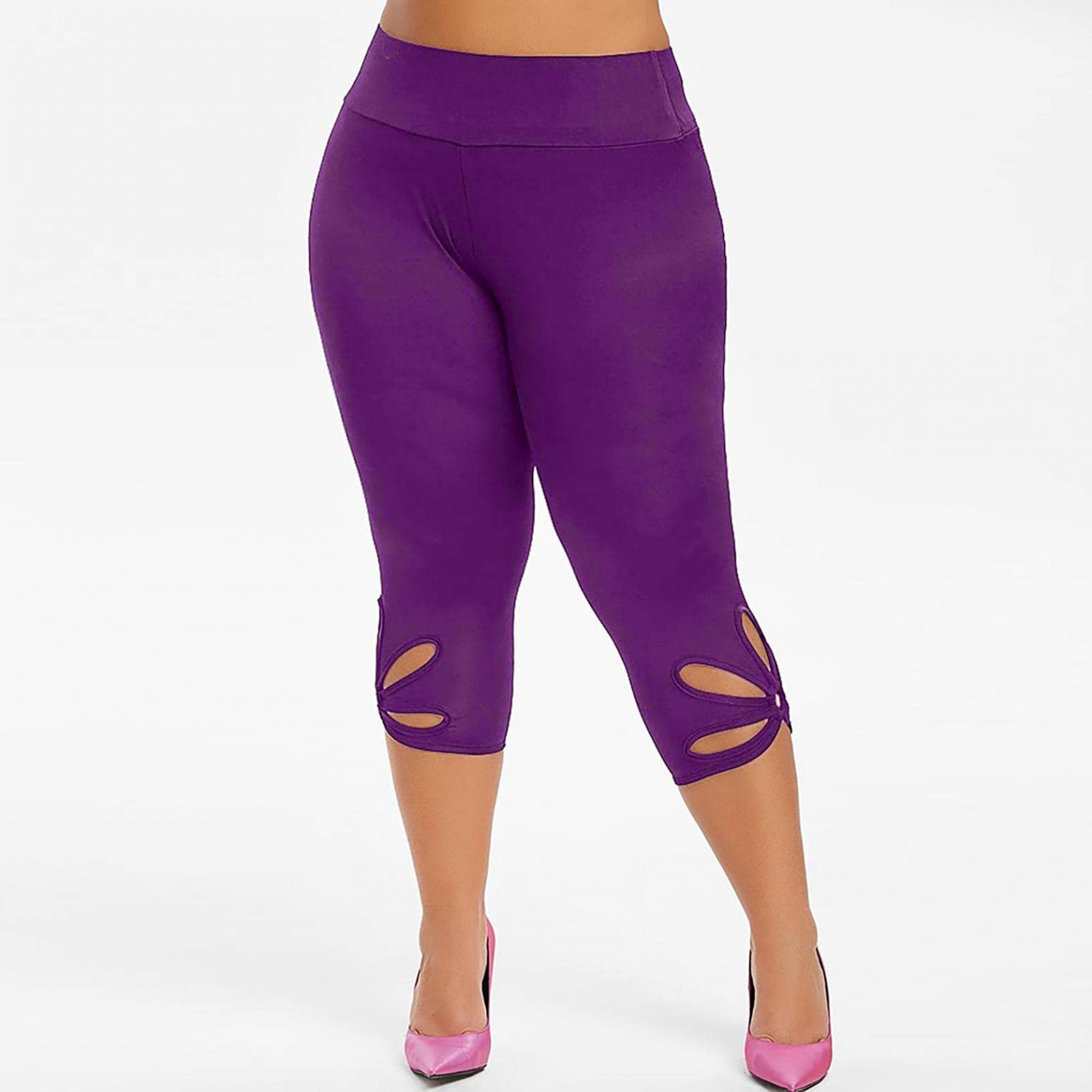 Women's Plus Size Bermuda Shorts - High Waisted Yoga Capris with Stretch & Hollow Out Design - Workout Compression Pants for Gym, Running & Summer Outdoor Activities