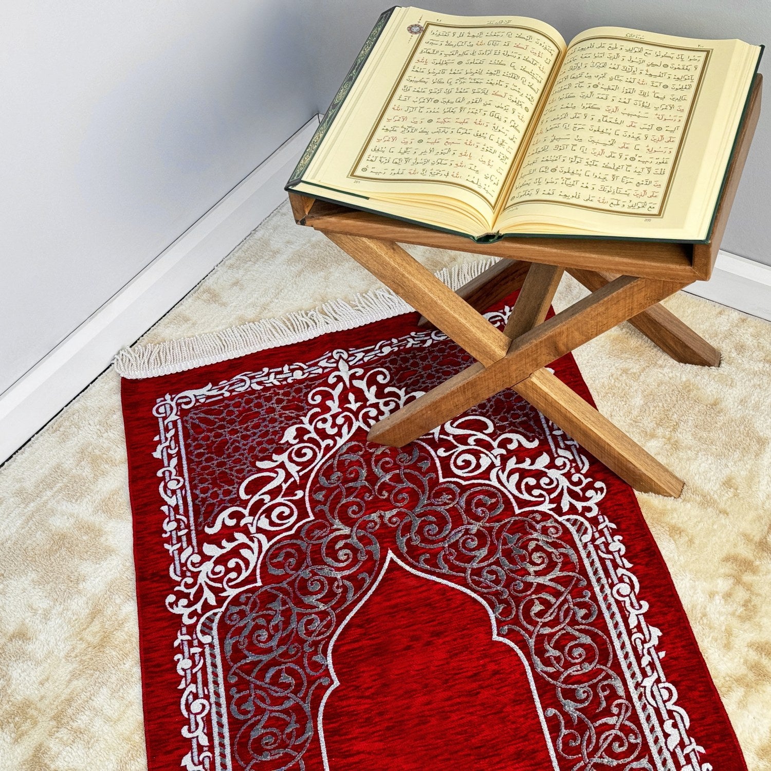 Premium Red Prayer Mat and Tasbih Beads Set - Islamic Prayer Rug with Non-Slip Backing, Perfect for Daily Salah, Eid Gifts & Home Decor
