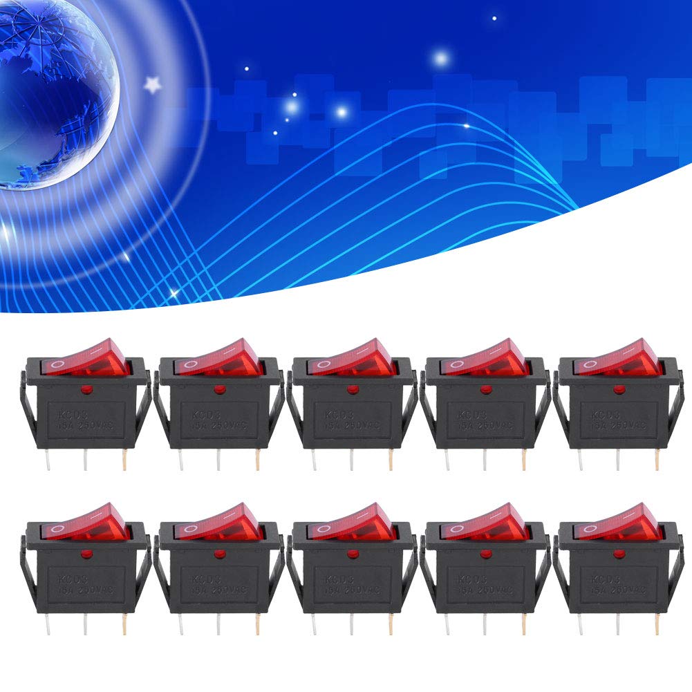 FTVOGUE 10-Pack 3-Pin Rocker Switch ON/OFF with Red LED - 2-Position Toggle Switch for Car, Boat, RV & Household Appliances | KCD3 Series Electronic Components | Perfect for Automotive Dashboards, Marine Control Panels & DIY Electronics Projects