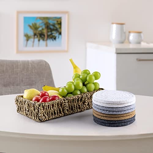 Handmade Woven Drink Coasters Set of 8 - Absorbent Seagrass Coasters with Basket Holder, Heat Resistant Table Protectors for Coffee, Wine & Mugs - Boho Home Decor for Kitchen, Dining Room & Office