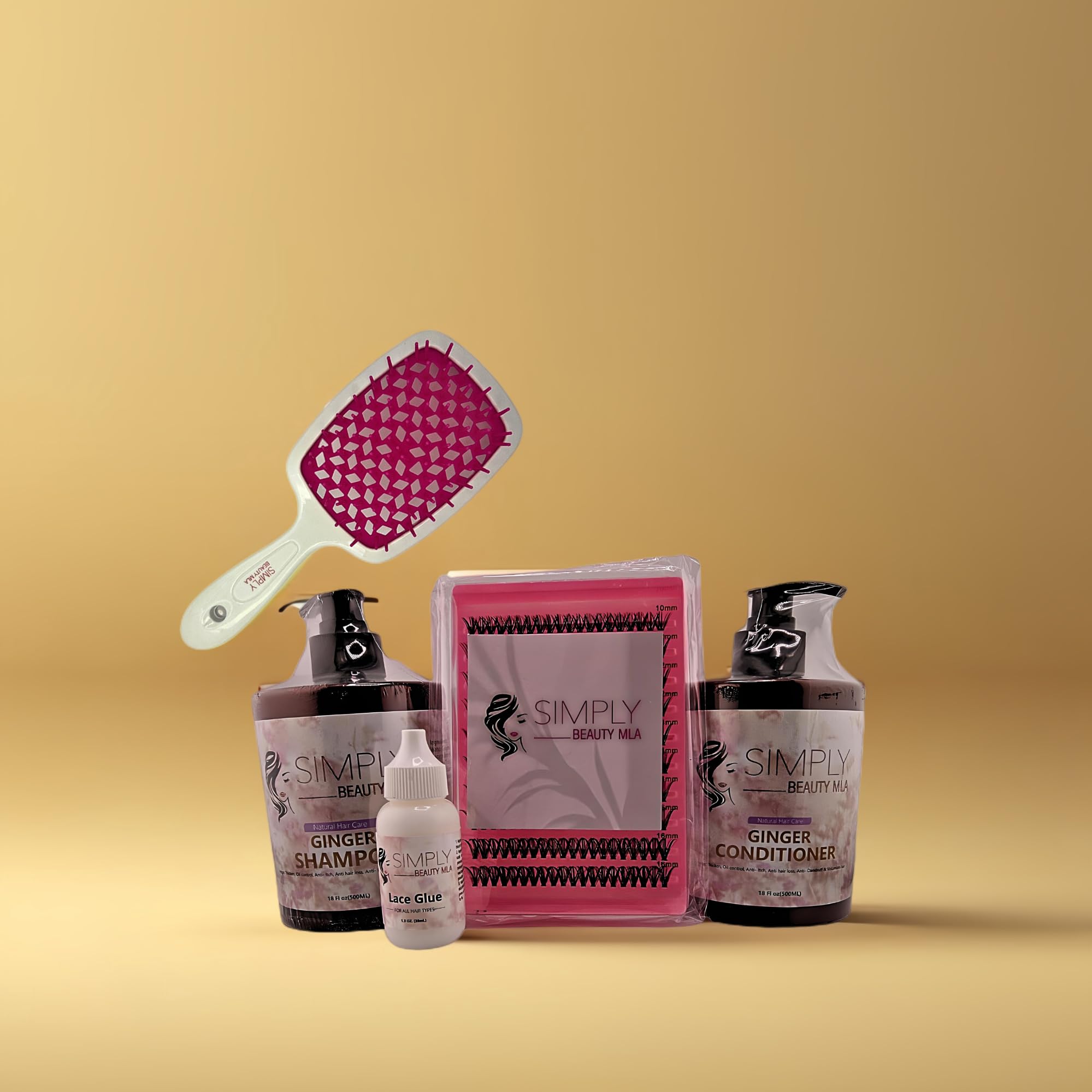 Simply Beauty Ginger Shampoo & Conditioner Set with DIY Lash Extension Kit - Nourishing Hair Care & Professional Eyelash Kit with Pre-Cut Lashes, Lash Glue & Detangler Brush | For Salon-Quality Hair & Lash Treatments at Home