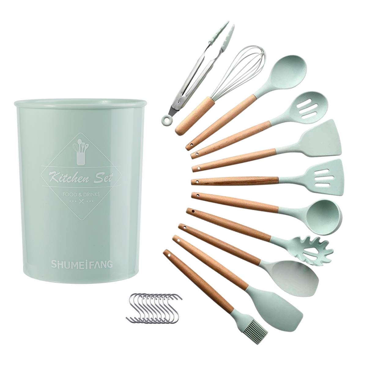 Premium 11-Piece Kitchen Utensil Set - Wooden & Heat-Resistant Silicone Cooking Tools (FDA Approved) - Spatula, Turner, Whisk, Tongs, Ladle & More - Perfect for Baking, Stir-Frying & Food Prep - Includes S-Shaped Storage Hook (Green)