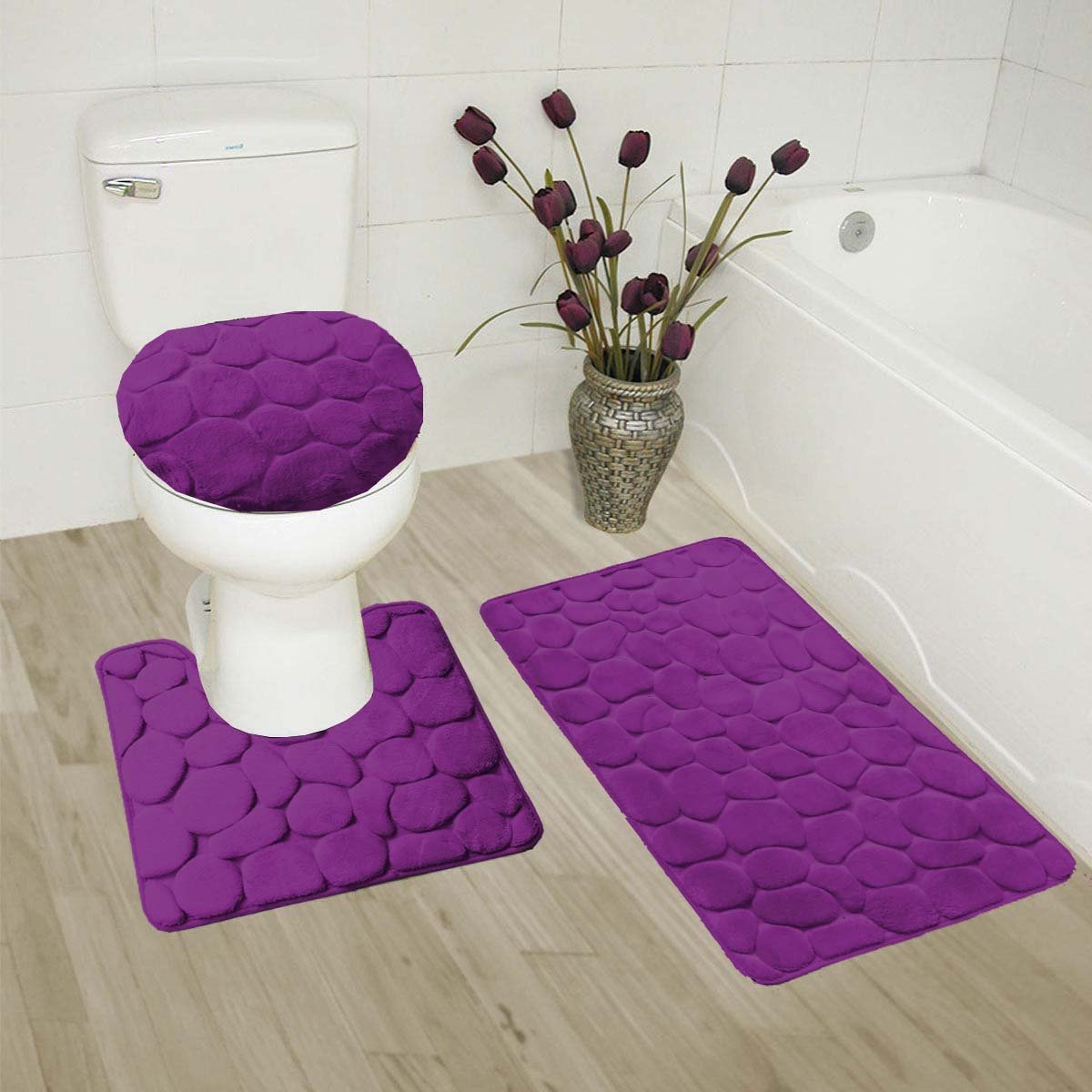 GorgeousHome 3-Piece Rock Embossed Carved Bathroom Set - Non-Slip Bath Mat, Contour Rug & Toilet Lid Cover with Rubber Backing (Purple) | Luxury Bathroom Decor for Modern Homes