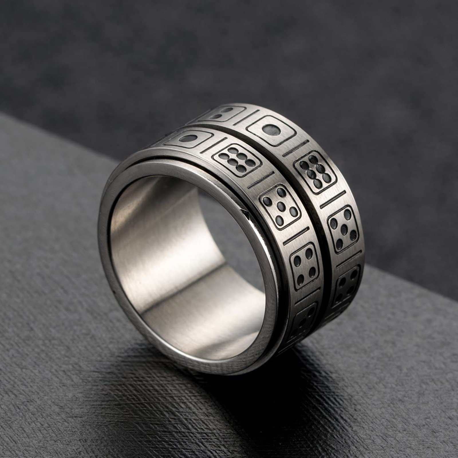 Anti-Anxiety Ring for Men - Stainless Steel Vintage Dice Pattern Fidget Spinner Ring | Stress Relief, Engagement Jewelry | Perfect for ADHD, Anxiety Relief & Office Focus
