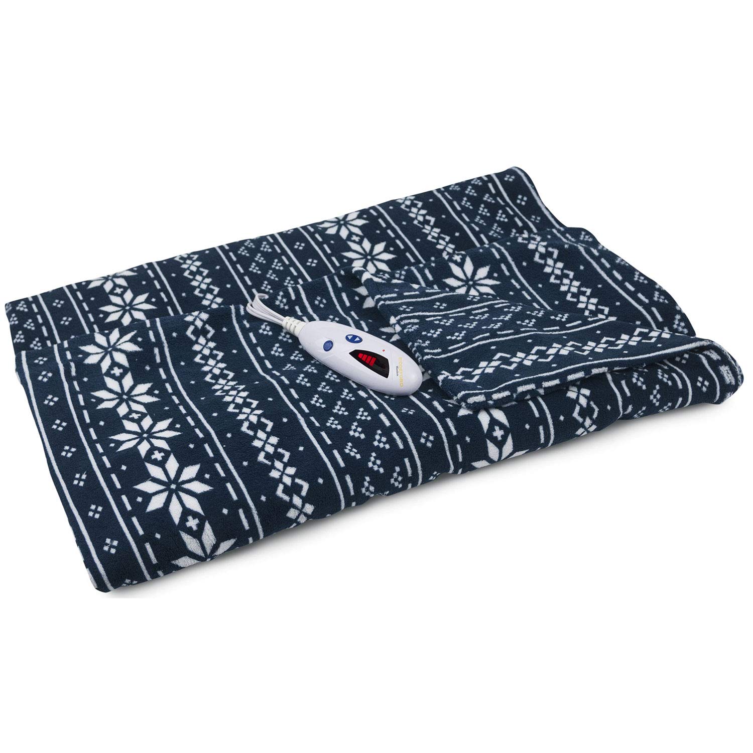 Biddeford Microplush Electric Heated Blanket - Adjustable Temperature & Auto Shut-Off Timer, Machine Washable Throw with Digital Controller, Navy Fair Isle Design - Perfect for Cozy Nights, Winter Warmth & Home Comfort