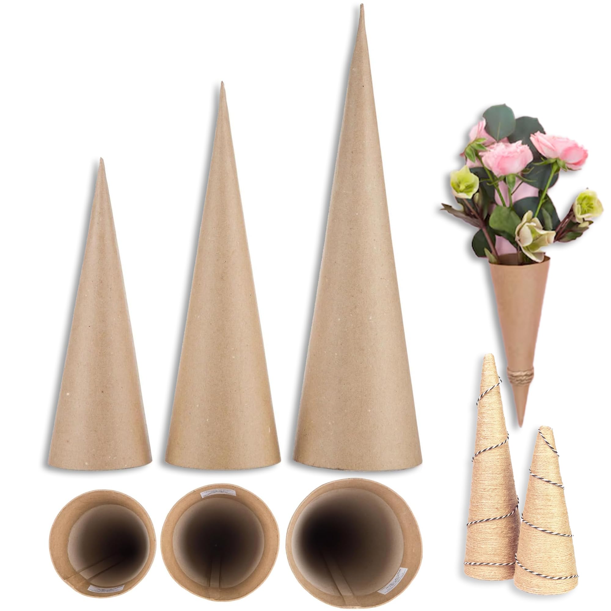 Set of 3 Brown Paper Mache Cones for DIY Crafts - Multi-Size Open Bottom Decorative Cones for Christmas Tree Decor, Party Favors & Art Projects - Perfect for Handmade Ornaments, Gift Packaging & Creative Decorations