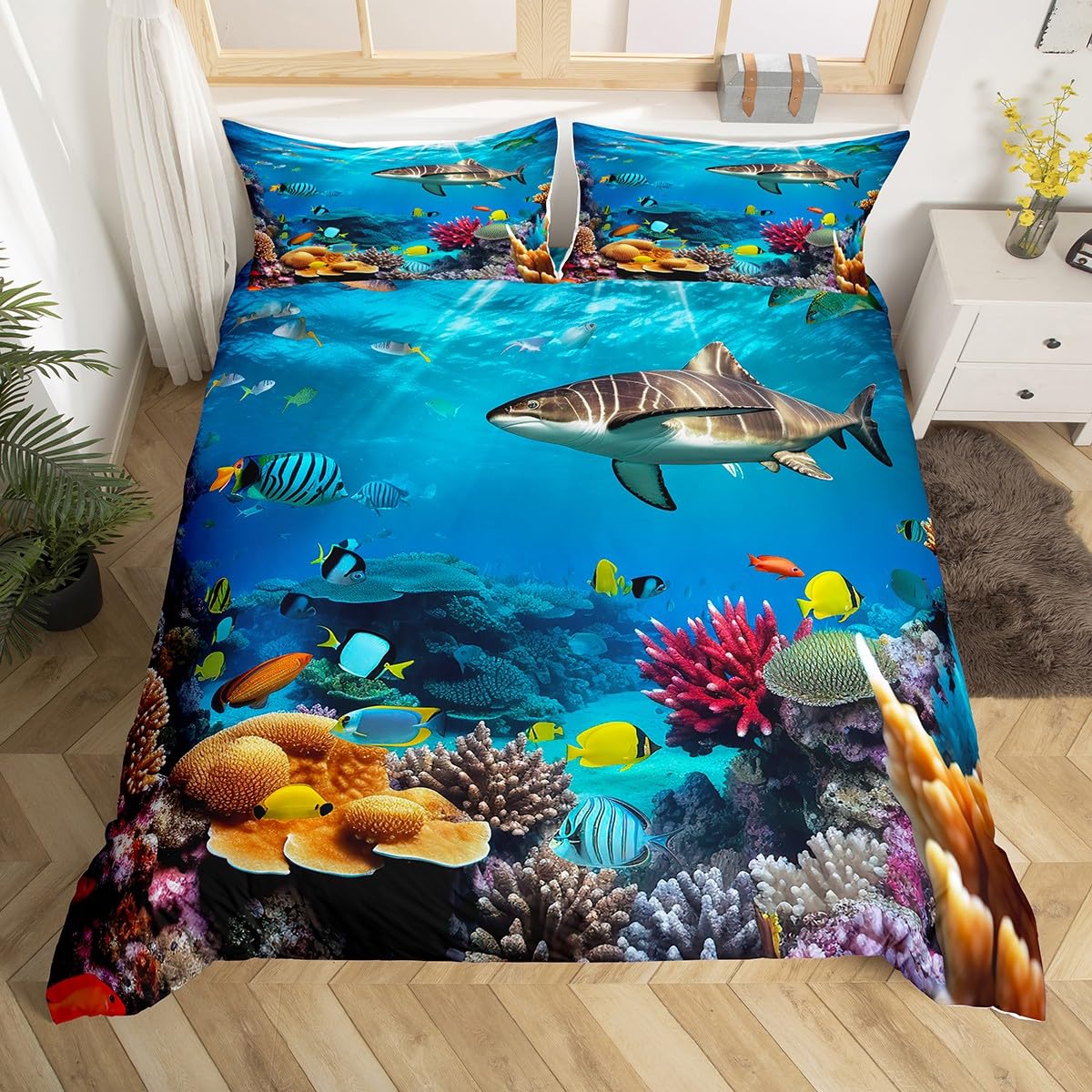 Shark & Sea Turtle Duvet Cover Set - Ocean Themed Bedding for Kids, Teens & Adults - Underwater Animal Print Comforter Cover with Pillowcase - Twin Size - Perfect for Kids' Rooms, Beach Themed Decor & Marine Lovers